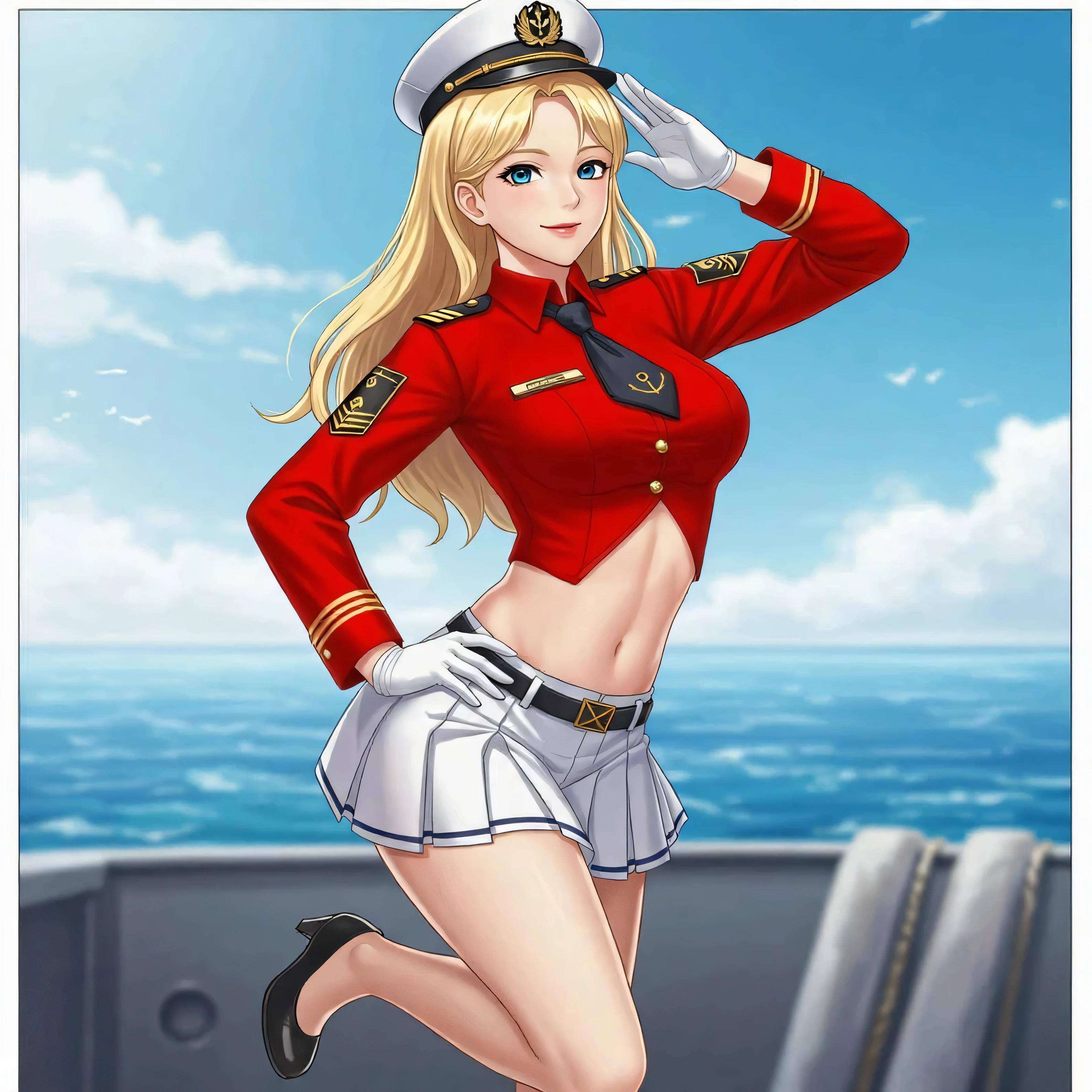 (masterpiece:1.2, best quality), 1girl, young teen, slim, white military outfit, white pleated skirt, (skimpy mini skirt:1.3), skirtlift, upskirt, (no panties), military hat, cadet, smile, blush, sitting by navy ship, anime minimalist, watercolor, (hairy pubes:1.3),