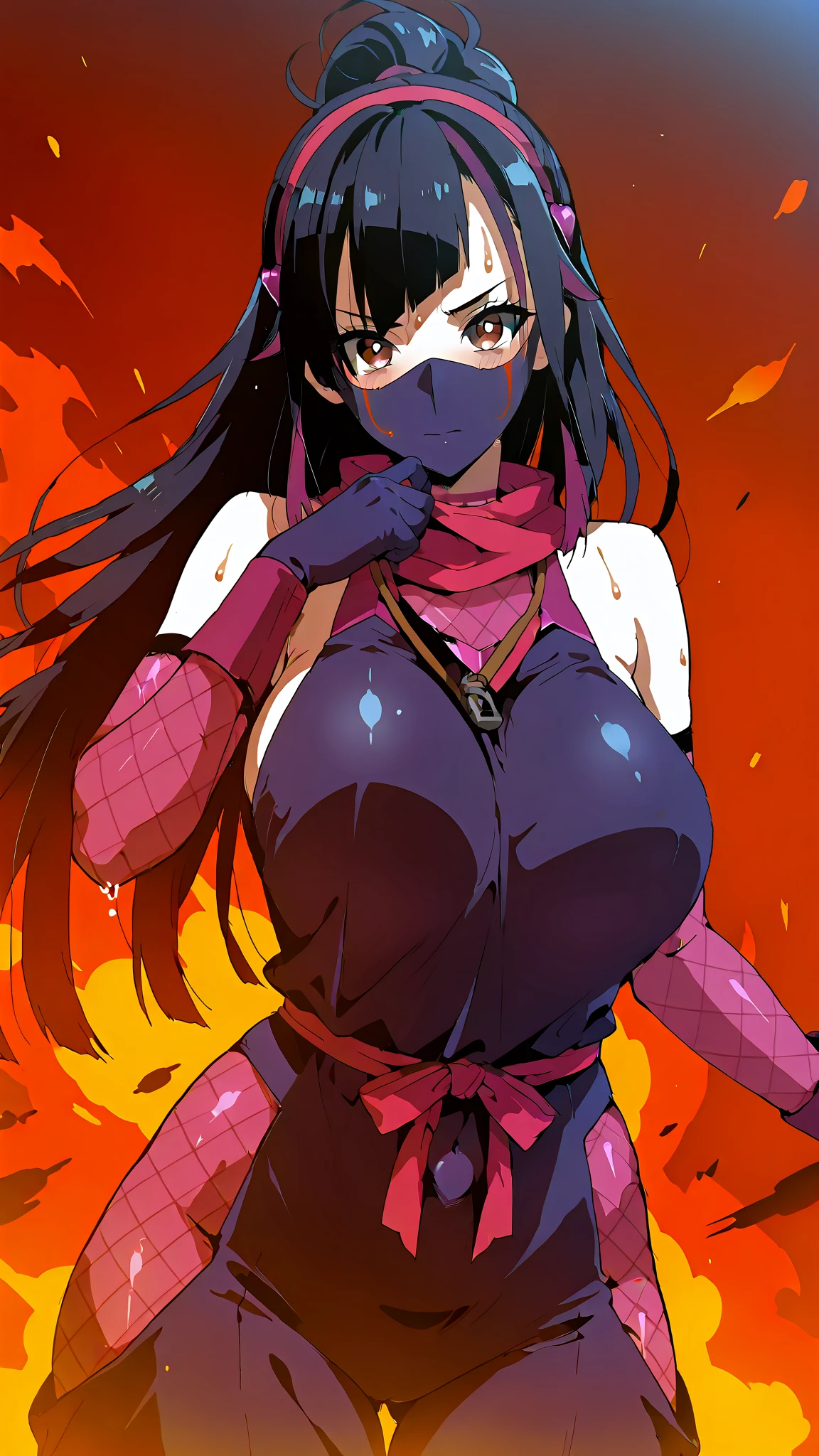 Hyper realistic super detailed sexy (ultra realistic photo of Nezuko kamado goddess of beauty, bright pink eyes, angry angry expression, she has a horn, 8k, UHD, hottie with ultra giant breasts, huge long breasts sticking out of her kimono, erotic, with long black hair and orange tips, sexy pink japanese kimono ), Nezuko with a piece of bamboo stuck up her ass, (Nezuko, Nezuko-chan, Demon Slayer art style, kimetsu on yaiba), female anime character, (Nezuko, in her demon form, Huge breasts, giant long breasts sticking out of her clothes, her breasts stick out of her kimono, showing beautiful pointy breasts), ( she has leaf tattoos running down her sexy erotic body), Demon Slayer fanart, wielding kunai, clean and detailed anime art, a very beautiful woman, by Kamagurka, professional art, perfect detailed, (Nezuko kamado in her demonic form, based on the demon slayer kimetsu no yaiba), cleavage、((Flames flutter、be covered in sparkire burns))