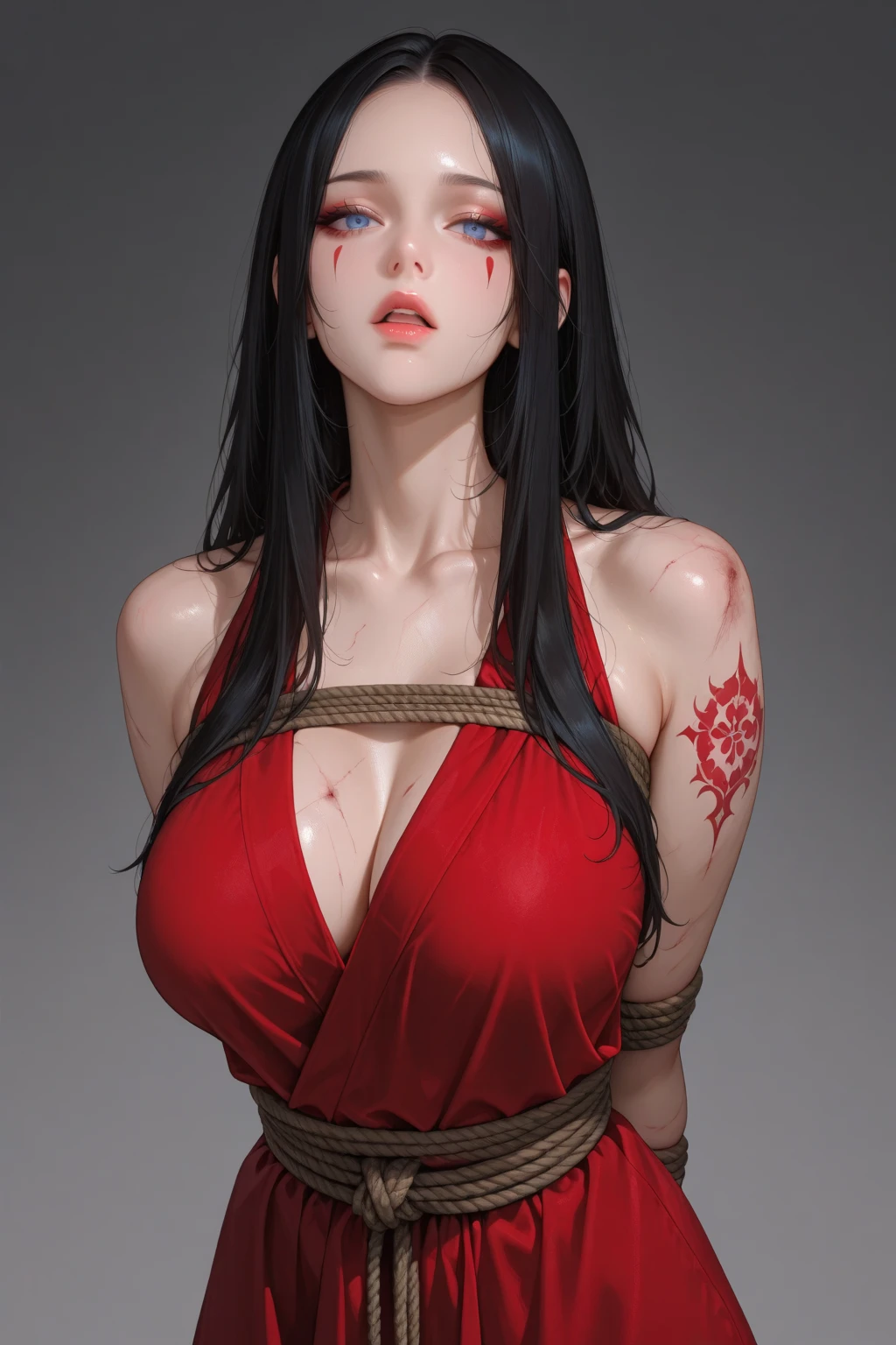 best quality, masterpiece, highly detailed,1girl, Boa Hancock, , (masterpiece:1.5), Detailed Photo, Smiling, Sexy, (8K, Best Quality: 1.4), (1girl), Beautiful Face, (anime realistic Face), (Black Hair, long Hair: 1.3), Beautiful Hairstyle, Realistic eyes, beautiful detail eyes, (white skin), beautiful skin, absurd, attractive, ultra high resolution, ultra realistic, high definition, golden ratio, (sexually aroused:1.5), Pinkish white skin, cool white light, sexy pose, Beautiful , white background, pink soft white light, Wear a white dress, sexy, black lace bra, (zombie girl:1.8), (bleeding:1.8), (cute dead girl:1.8), (deadly eyes:1.8), (Eyes without sparkle1.8), (pale skin:1.8), dead body, no life, (lifeless:1.8), (Wounds on the body:1.8), (dribbling:1.8), (red blood on body:1.5), (Bruise on the body:1.8),