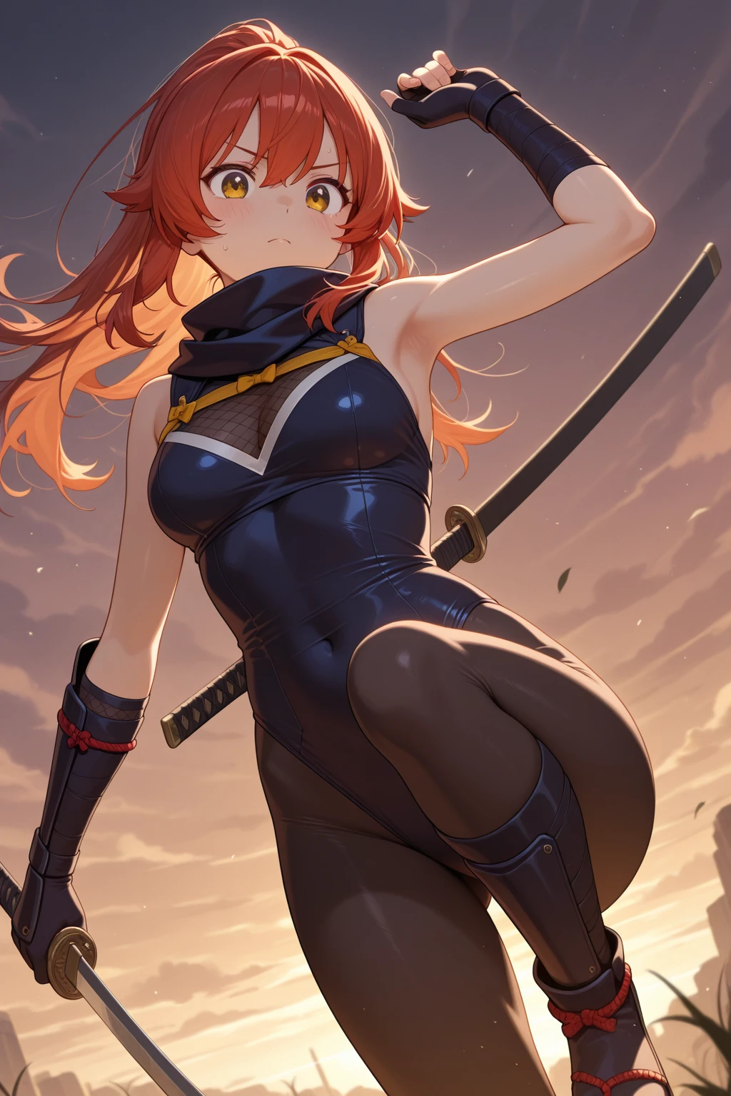 ultra-detailed, Explicit, Beautiful body, Beautiful Nose, Beautiful character design, perfect eyes, perfect face, ultra highres, 4K, beautiful legs, perfect legs, Nice hands, Perfect hand, Masterpiece, Best Quality, Highly detailed, illustration, absurdres, street fighter, doll suit, shadaloo doll, dollsuit, expressionless, blank eyes, looking at viewer, red gloves, emotionless, black latex, corrution, mind control, female combatant, full body, hypnotized, unhappy trance, full body suit, ribbed bodysuit, both arms at side, obey, perfect female body, extremely glossy latex, hypnosis, hypnoLora, empty eyes, Mind control device, poses, submissive_pose, Slave, hat, necktie, standing, standing up straight, Standing at attention, hat, yellow necktie, belt, latex, ribbed bodysuit, thighhighs, garter belt, Fighting Stance, military, thigh boots, solo, blood on shirt, blood on hand, blood on clothes, blood on face, blood, blood on arm, blood on cheek, blood on leg, Elizaveta Fomina, Madan no Ou to Vanadis, heterochromia, yellow eyes, blue eyes, hair ornament, very long hair, pink hair