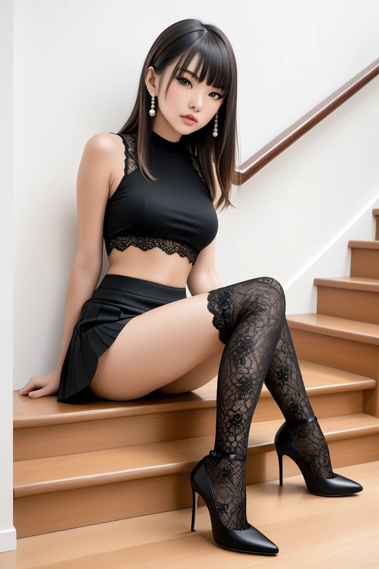 Tight mini skirt with slit、Formal Shirt、1 girl、Bob Hair、Medium breast、Toned Legs、Sexy black pantyhose:1.2、garter belt、High-end stiletto heels、In front of the station at night、Stairs at night、Sitting、She puts her legs together to show off the toes of her stiletto heelasterpiece:1.3、Raw photo、Highest quality、Highest quality、Detailed image quality、Detailed Background