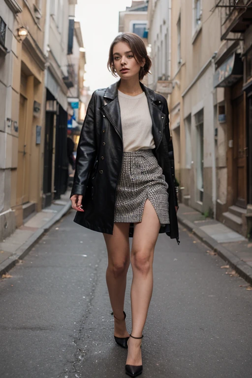 ((1 girl looking at camera)), dynamic angles, masterpiece, (detailed), (perfect skin), ((short bob hairstyle)), ((perfect hair)), (( black hair)), teeth, ((blue eyes)), ((black glasses)), focused, ((black leather jacket)), ((black turtleneck)), ((black pantyhose)), ((black skirt)), ((black shoes)), (((full body))), outdoors, protesting, (looking at viewer), (((photoshoot poses))), <lora:more_details:0.6>, photorealistic, natural Lighting, <lora:epiCRealismHelper:1>, <lora:edgAutumnDressCode:1>, <lora:breastsizeslideroffset:-2>