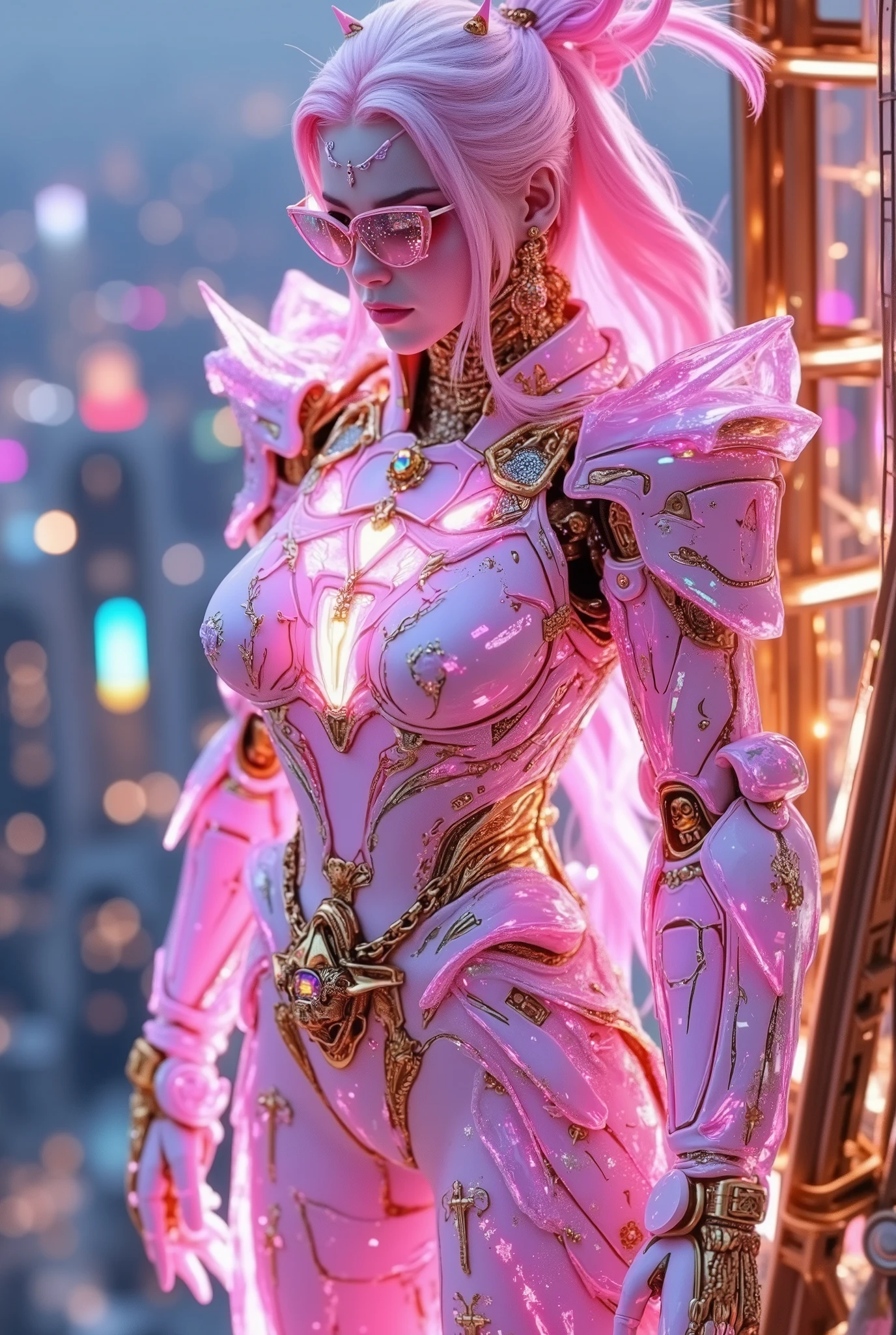, , creating a cool image, warrior, Japanese-Chinese fairies, , God wears pink and white gold armor in Iron Man style..,, have luminous patterns , neon and shades all over his body..., Digital pattern., science fiction fantasy , has a long duration,, , , fashion accessories , standing on a tall building .wear , , , , fashion accessories , Punk Hairstyles, , with thorns, fantasy glasses and wearing .Wear sunglasses , adorned with multicolored gems. , -Gold armour style, adorned with crosses and skulls and heart shapes.. , put on jewelry made of gold, Decorated with a chain, ตกแต่งด้วยมีด standing on a tall building , High Heels,, Blue-red hair