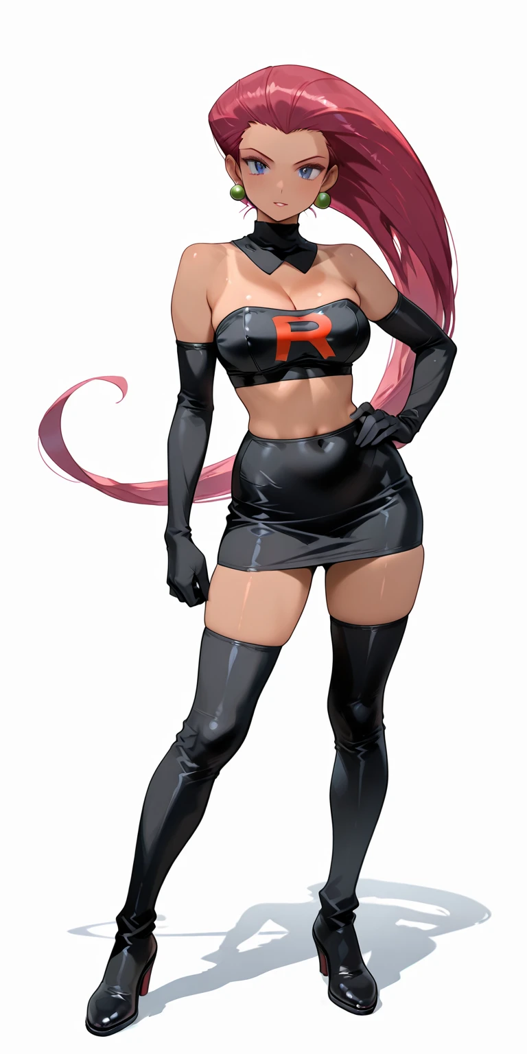 ((Highest quality)), ((masterpiece)), (Familiar), Hazy, One Woman, Mature Woman,Purple Hair, short hair, eye shadow, Low Ponytail, lipstick, Detailed face, Red eyes,Large Breasts, Black jacket, White tight skirt
