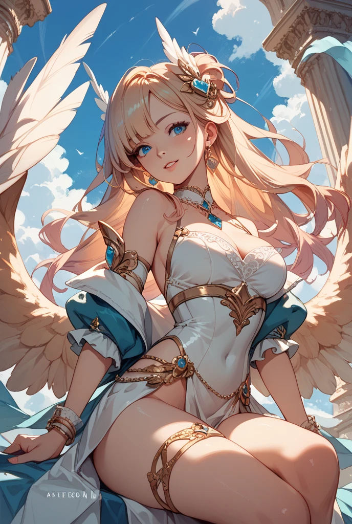 最high quality, high quality, 8K、High resolution,Highest quality、solo、胸に翼のある白いビキニ姿のtallのadult female angelを下から、Very beautiful proportions、belly button、Thighs、tall、Adult woman in a white bikini, Archangel Style、super Wild Angel, A happy open-mouthed smile、Thighs、Naturally Shaped Fingers、Long neck、from the front、Looking at each other, our eyes met、Exposed belly、Blonde hair and blue eyes、Majestic Angel, Anime Goddess, Wild Angel, from the front、thick, Beautiful and attractive anime woman, Huge and stunning goddess shots, Angel Adult Woman, adult female angel, She has angel wings on her back,Highly detailed goddess shot