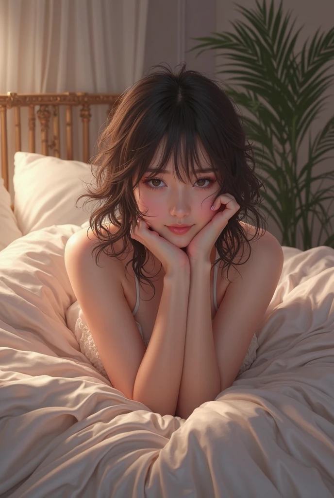 there is a woman laying in bed with a white sheet, posing in bed, laying on a bed, seductive anime girl, laying in bed, reclining on bed, while posing in the same bed, lying in bed, realistic young gravure idol, pretty face with arms and legs, laying back on the bed, on my bed, ultrarealistic sweet bunny girl