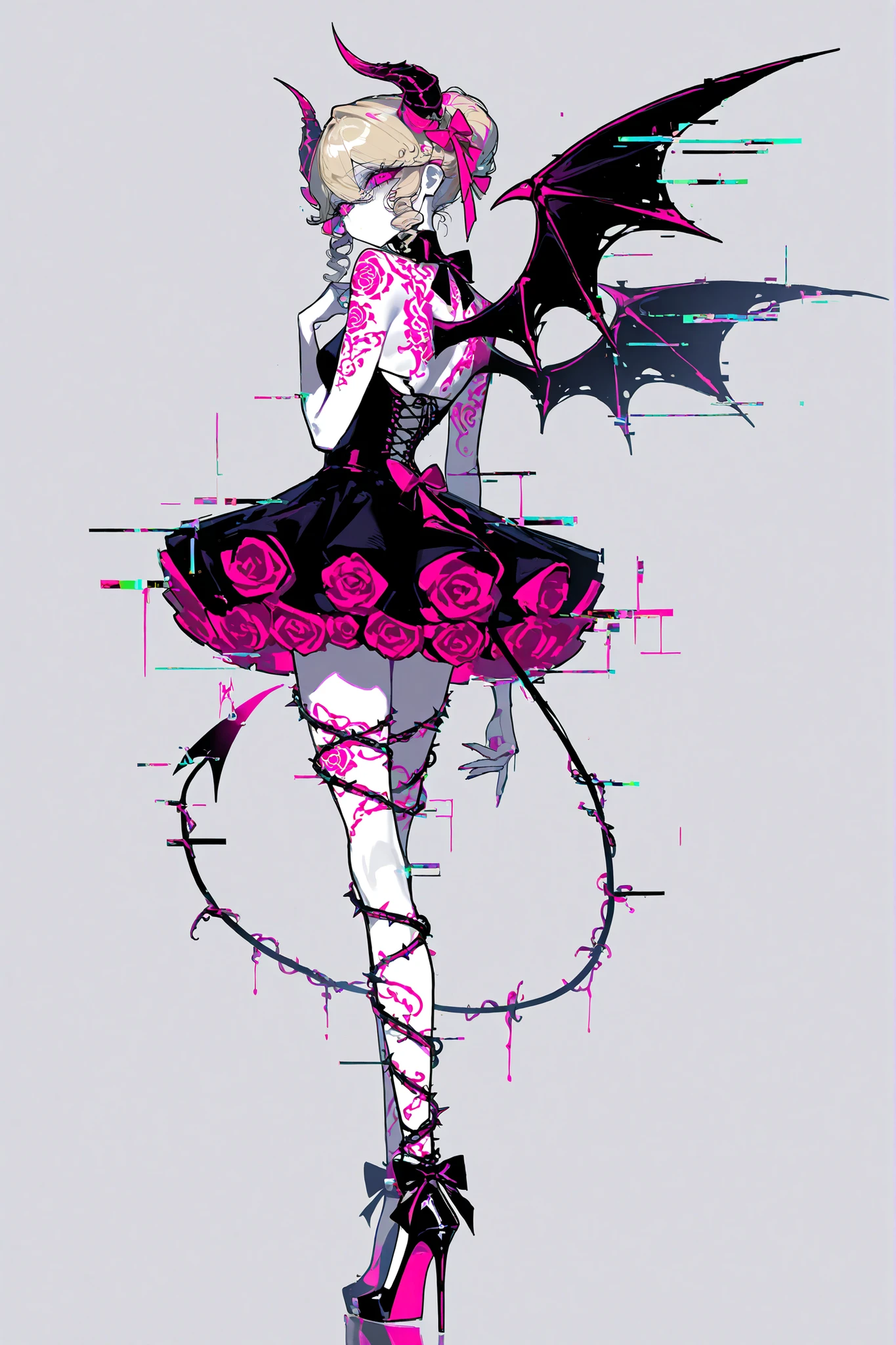 m3t4l,glowing,glitch,(xxx667_illu,)The mature adult woman/ demonic entitie, succubus. She has a busty figure, a small waist, and long legs. she has light pink-blonde curly hair gathered in updo bun, some curls are escaping from her hairstyle. Her eyes are fuchsia pink with narrow pupil. She has golden and pink tattoos of roses and demonic sigils of lust on her pale skin. She is wearing a pink Baroque styled mini dress with many pink roses, bows, laces. on her legs she wears a stocking with a garters. She wears gold stiletto heels decorated with big bows and roses. She has a gilded devilish pointy thorned demonic tail decorated with pink roses. She has gilded metallic sharp horns on her head , pink/gilded demonic webbed bat wings on her back, decorated with pink roses and golden spiked vines. On the background : pink-gilded Baroque room decorated by marble vases with pink and white roses.