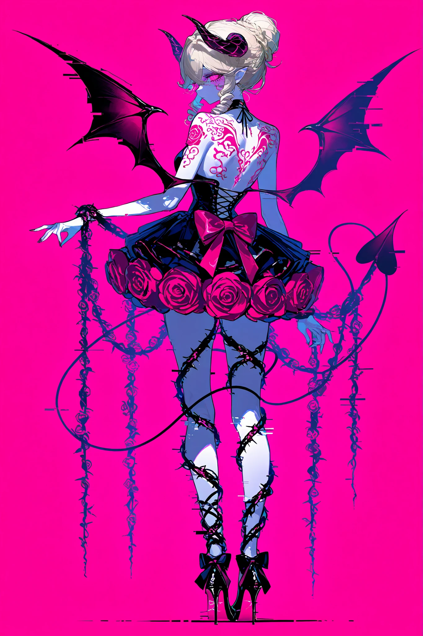m3t4l,glowing,glitch,(xxx667_illu,)The mature adult woman/ demonic entitie, succubus. She has a busty figure, a small waist, and long legs. she has light pink-blonde curly hair gathered in updo bun, some curls are escaping from her hairstyle. Her eyes are fuchsia pink with narrow pupil. She has golden and pink tattoos of roses and demonic sigils of lust on her pale skin. She is wearing a pink Baroque styled mini dress with many pink roses, bows, laces. on her legs she wears a stocking with a garters. She wears gold stiletto heels decorated with big bows and roses. She has a gilded devilish pointy thorned demonic tail decorated with pink roses. She has gilded metallic sharp horns on her head , pink/gilded demonic webbed bat wings on her back, decorated with pink roses and golden spiked vines. On the background : pink-gilded Baroque room decorated by marble vases with pink and white roses.