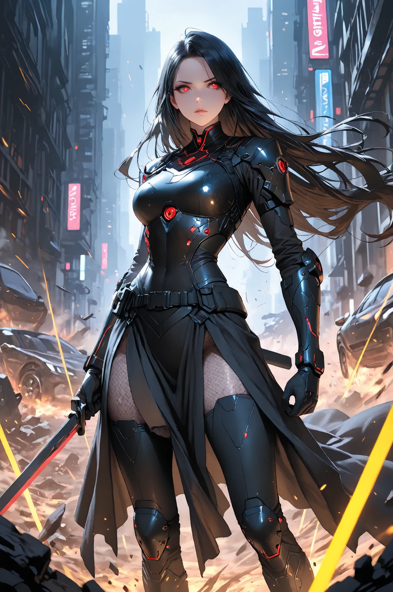 generate a High quality image of kurihara Mari from prison school, black long hair, grey eyes, full body view, (wearing mechanical white Armour, cape), running in a destroyed futuristic city, cinematic shadow, cinematic fog, crows in the sky. holding a weapon,