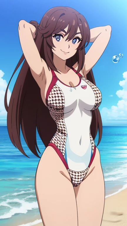 masterpiece, super high quality, Very detailed, Perfect drawing, alone, girl, 一人のgirl,(((Ultra high cut swimsuit))),Browsing Caution,Big Breasts,Cowboy Shot,Bewitching Smile、Beautiful Teeth、Stick your butt out、look back、