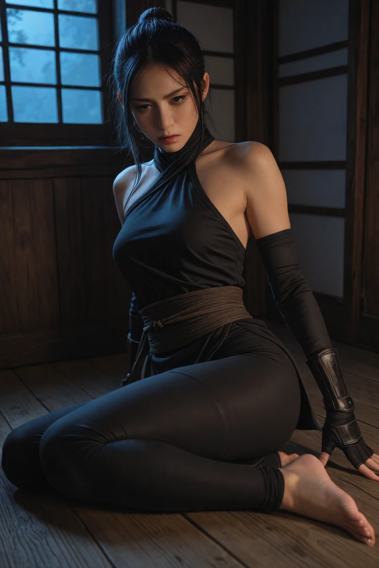 (8K,Photorealsitic Raw photography top-quality;1.4) (1girl in) Super beauty (Lifelike face) Muscular and macho female body in kendo doshi (A dark-haired) Kendo Doshi enticing Beautiful expression Beautiful woman wielding a bamboo sword in the dojo Black pants Beautiful sweat splashes 超A high resolution A hyper-realistic real looking skin high detal Inside the Kenjutsu Dojo