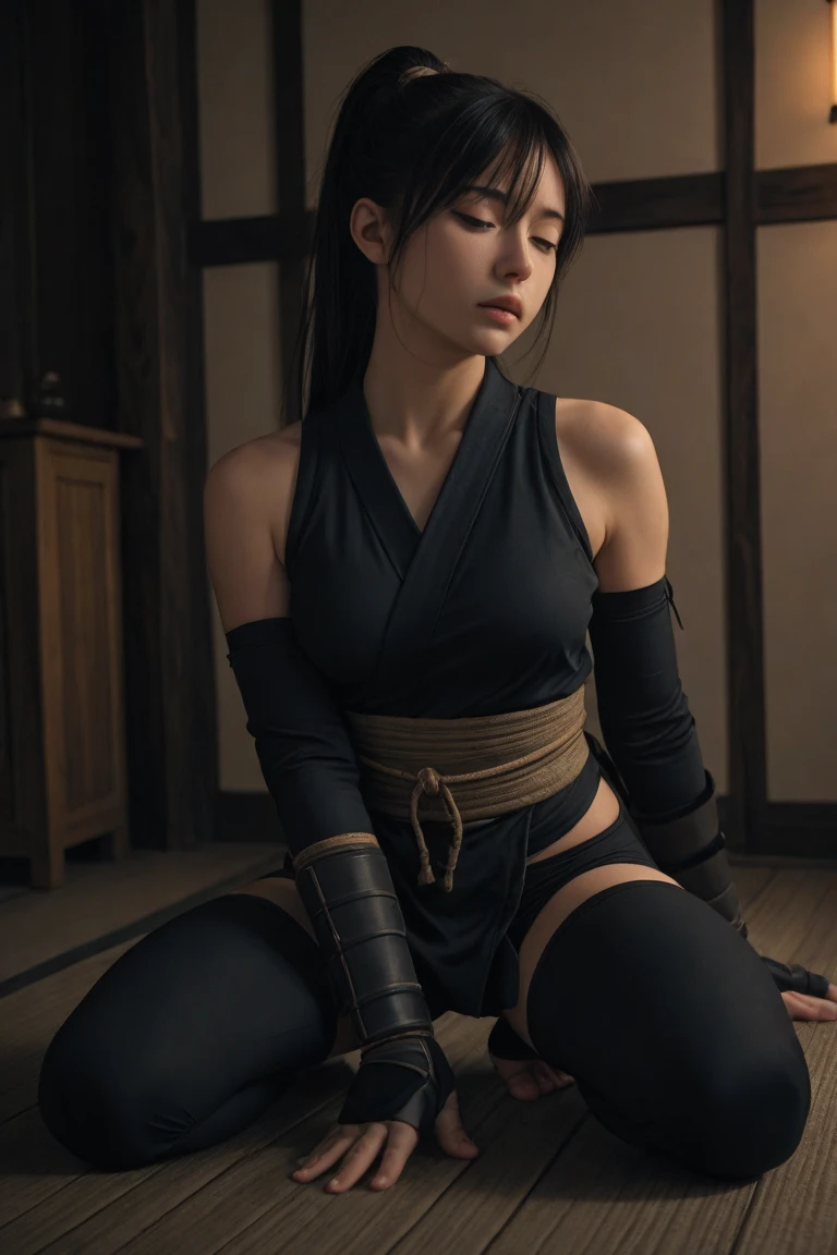 8k, RAW photo, best quality, ultra high resolution, (photorealistic), realistic photo of skinny japanese girl ninja, (skinny japanese girl, 20 years old, most beautiful japanese girl in the world, slim face, black hair, two buns hair, double buns), in the temple at night, japanese temple, mortal combat, bright moon light light, (full body picture), sitting on the floor, meditating, sexy pose, ninja, wearing black ninja costume (black ninja costume), (looking at viewer), fierce look, menace, (extremely detailed CG unity 8k wallpaper), Sharp focus, (bright light)
