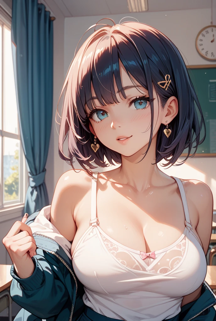 Highest、masterpiece、Ultra HD、Realistic、With a girl、Japanese、Xiao Chai、(Beautiful Face 1.4)、(Medium chest、Curved Waist)、length、Inside the room、Bokeh、micron、Glowing Skin、head、For men、Bra very、classroom