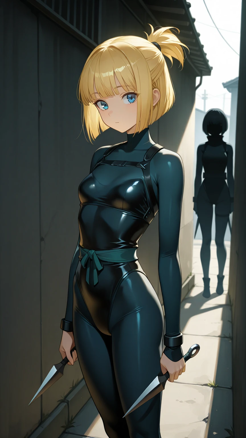 highest quality, High resolution, AND18, 1 girl, android 18, alone, golden hair, blue eyes, short hair,earrings,big breasts, frown,troubled face, Sweat,1 girl, Black tight suit, streak,looking at the viewer,thrust one's butt at the viewer,backwards