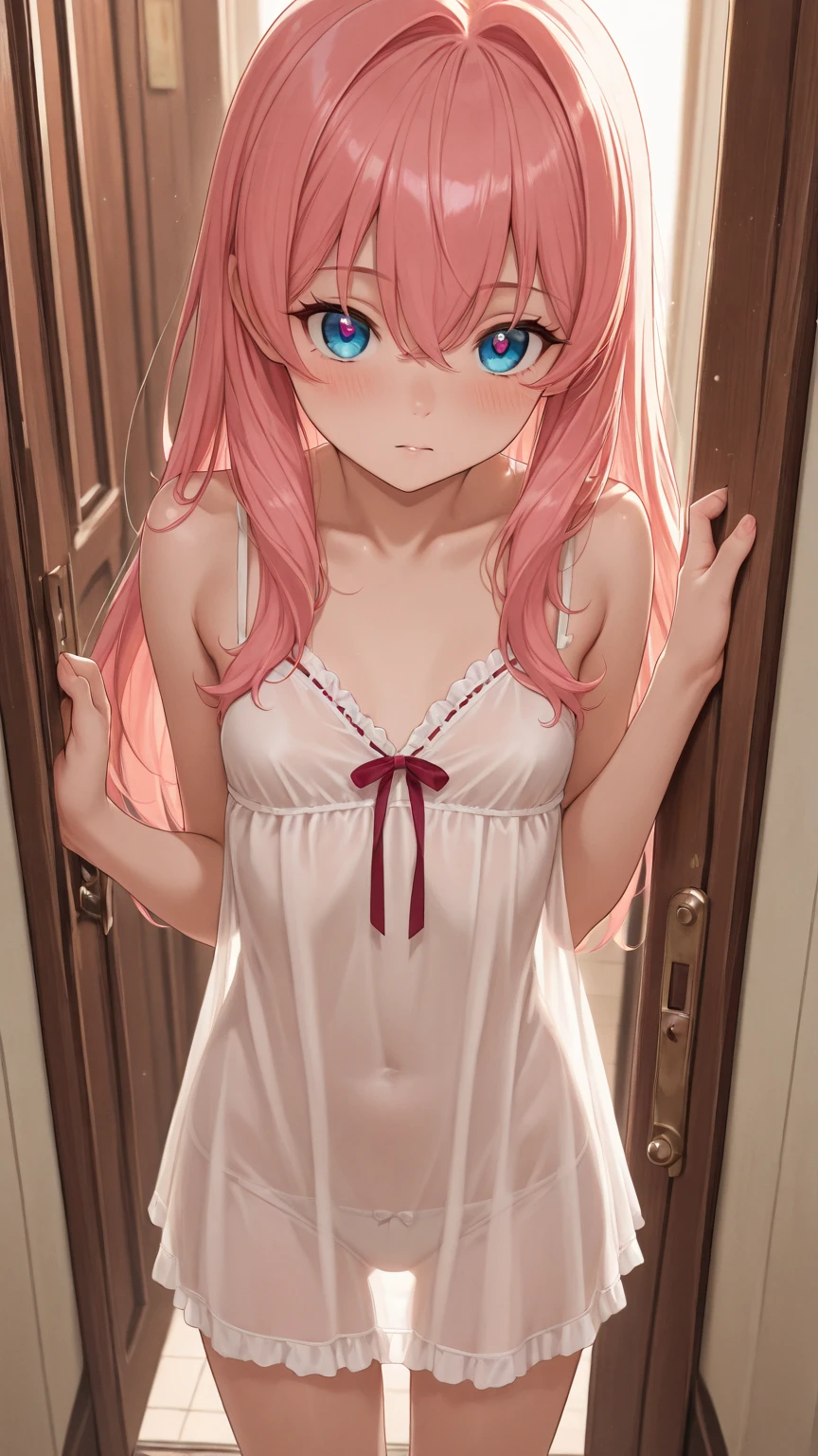 Real, 1girll, hair on one eye, parted lip, Blush, Makeup, Light smile, pajamas, Glow, Thighs, Red eyes, 鎖骨, Narrow waist, Bedroom, window, Moon, Side, (Masterpiece), tvp, the wallpaper, Moonlight, underwear,, Bed