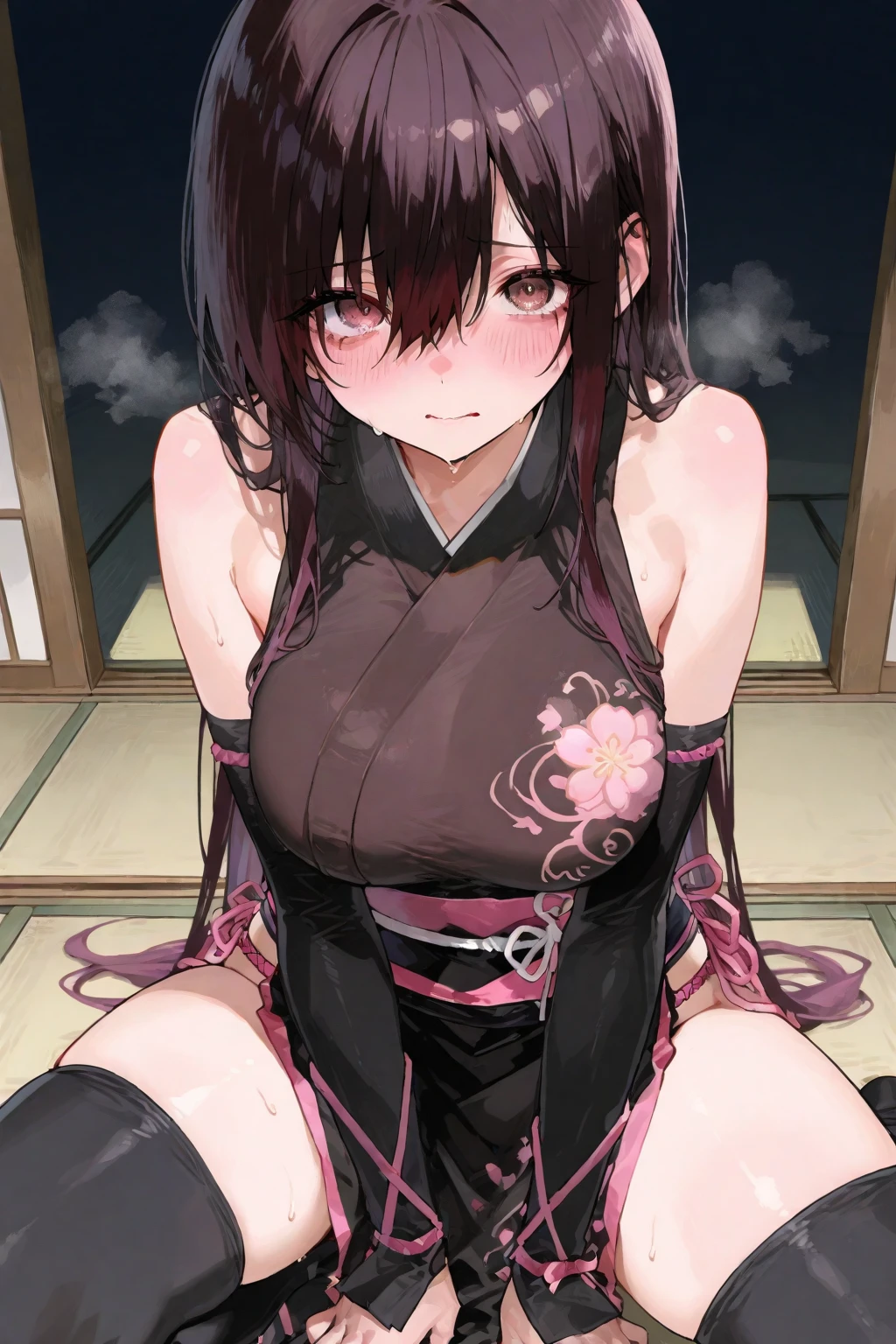 ((super master piece,super fine illustration,best aesthetic,best quality,ultra high res,insanely detailed,Bishojo game CG)),BREAK,(((perfect ???????,perfect proportion,artstation female body))),detailed beautiful jewely slant eyes,ligne claire,gleaming skin,BREAK,nsfw,horny presenting,fall into pleasure,wistful look,orgasm,BREAK,(cute erotic toddler gal,loli),prostitute,BREAK,small baby face,childish and super cute,((((blush)))),BREAK,peerless super Bishojo,peerless super beautiful girl,super Kawaii,BREAK,low body size,short stature,slender,BREAK,(((((jirai kei))))),BREAK,(black and purple ((streaked hair))),(((((double bun long twintails hair))))),BREAK,((shiny glossy metaric beautiful hair,gradient hair)),BREAK,((flat chest)),((puffy nipples,erectile nipples,long nipples,huge areolas,bare breasts)),BREAK,(((((jirai fashion,chinese clothes))))),(satin:1.4),(yamikawa gothic jirai fashion with black and pink),(Plaid pleated ((ultra micro miniskirt)) with harness),BREAK,(some purple and black border thigh high knee ((horizontal striped)) socks:1.3),zettai ryouiki,garter belt,No panties,BREAK,(legs up,spread my legs:1.2),love hotel,(lying on bed,arms bhind back:1.4),evening,(sweet pussy,show off pussy:1.3),(dripping love juice:1.3)