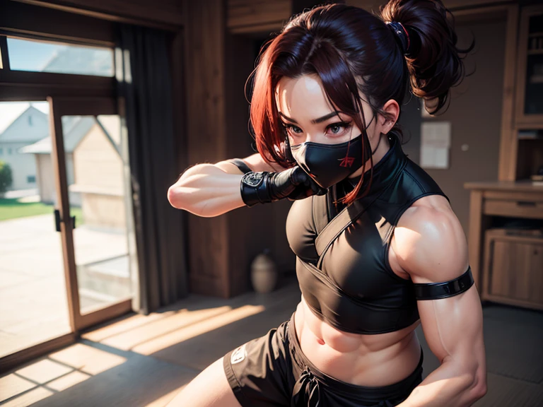 The girl is beaten with sticks, (Masterpiece, Best Quality:1.2), 独奏, 1girl, saori \(Blue Archive\), mouth mask, looking at the side, Long hair, black hair, baseball cap, Halo, blue eyes, Revealing clothes, off-shoulder, coat, crop-top, chest harness, Black pants, leggins, the sweat, Wet, ((Abs)), ((Press stamping)), ((Ryona)), ((bruises)), ((cum on clothes:1.1)), ((big breasts)), ((boxing)), Scared, Someone hits him on the arm, rope, ((torture)), ((pulse)), (humiliation), Gastric diffraction, ((violence)), pain, Shibari