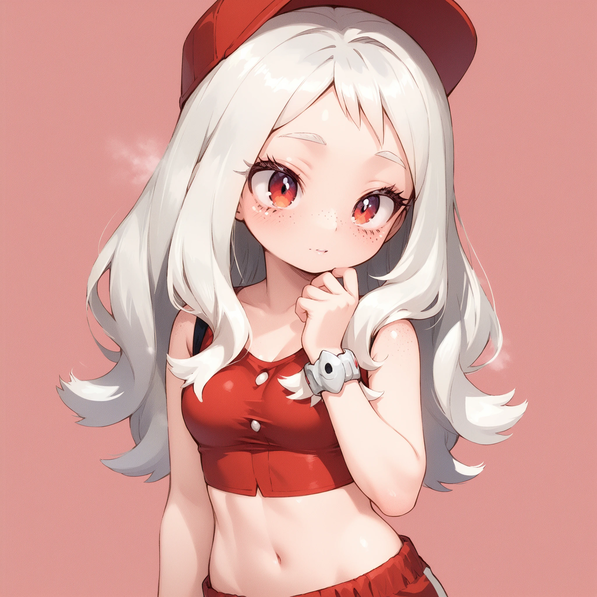 drawing of a woman in a Red top and white , ((Red)) bags under eyes,  wearing clothes, grayscale phtoto with Red dress, Gaimoyedre, By Prue, Posture with hands behind body!, gravity rush inspiRed, twisted posture, anime style, some Red, Danganronpa digital art, bad posture, Demon anime girl Tonalism, chiaroscuro, depth of field, cinematic lighting, masterpiece, anatomically correct, textured skin