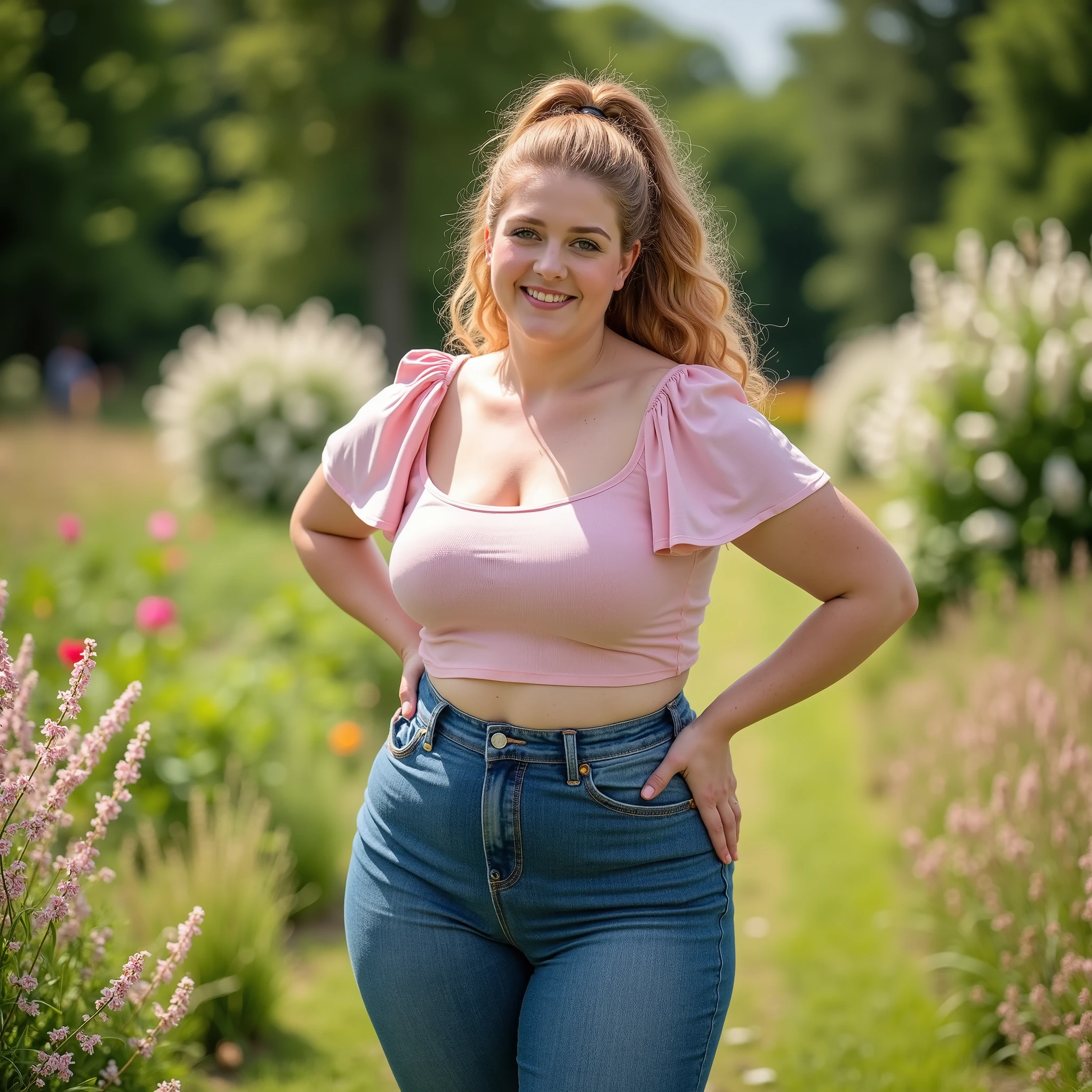 full body shot, young woman, white European, light skin, round cute face, round hips, curvy, strawberry blonde long curly hair worn in a thick ponytail, light pink top, short flounced sleeves, high-waisted tight blue jeans, tight denim stretched over curvy body, skin-tight jeans, sexy alluring pose, facing the viewer, countryside garden, late spring, tall grass, blooming flowers, soft sunlight, daylight, natural setting, realistic fabric tension, visible denim texture, high detail skin texture, realistic hair, photoreal lighting, sharp cinematic focus, depth of field, bokeh background, high resolution, masterpiece, ultra-detailed, 8k, realistic proportions, best quality, photo-realistic