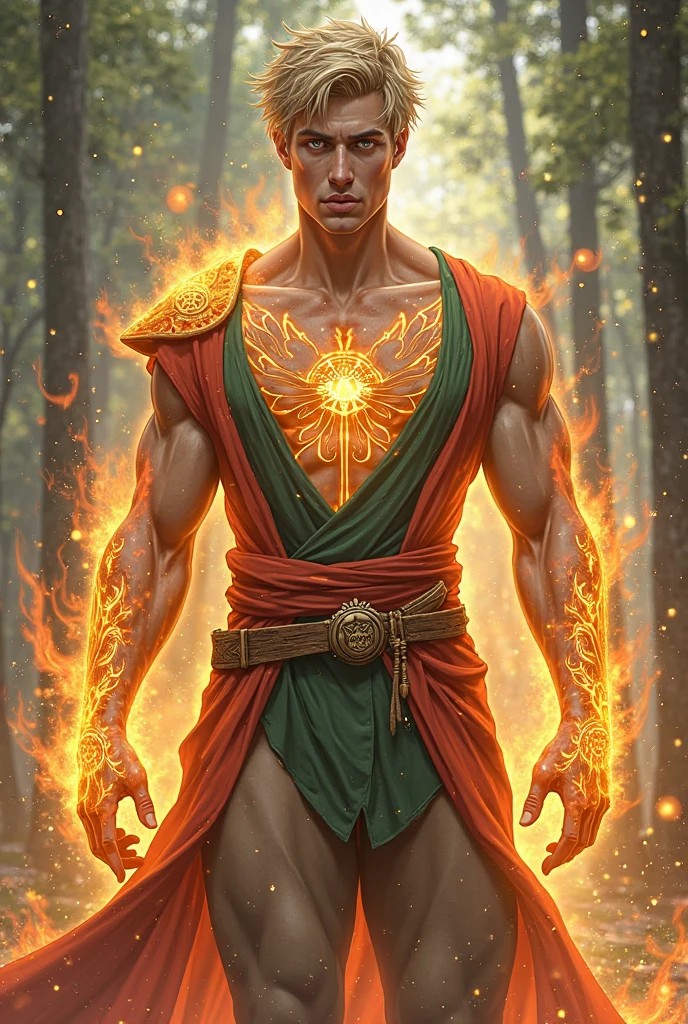 1man, shirtless, martial arts, yellow upper half face mask, white eye patterns with black outline , muscular, green costume, yellow belt and boots, burning fists, dragon tatto, mystical city background