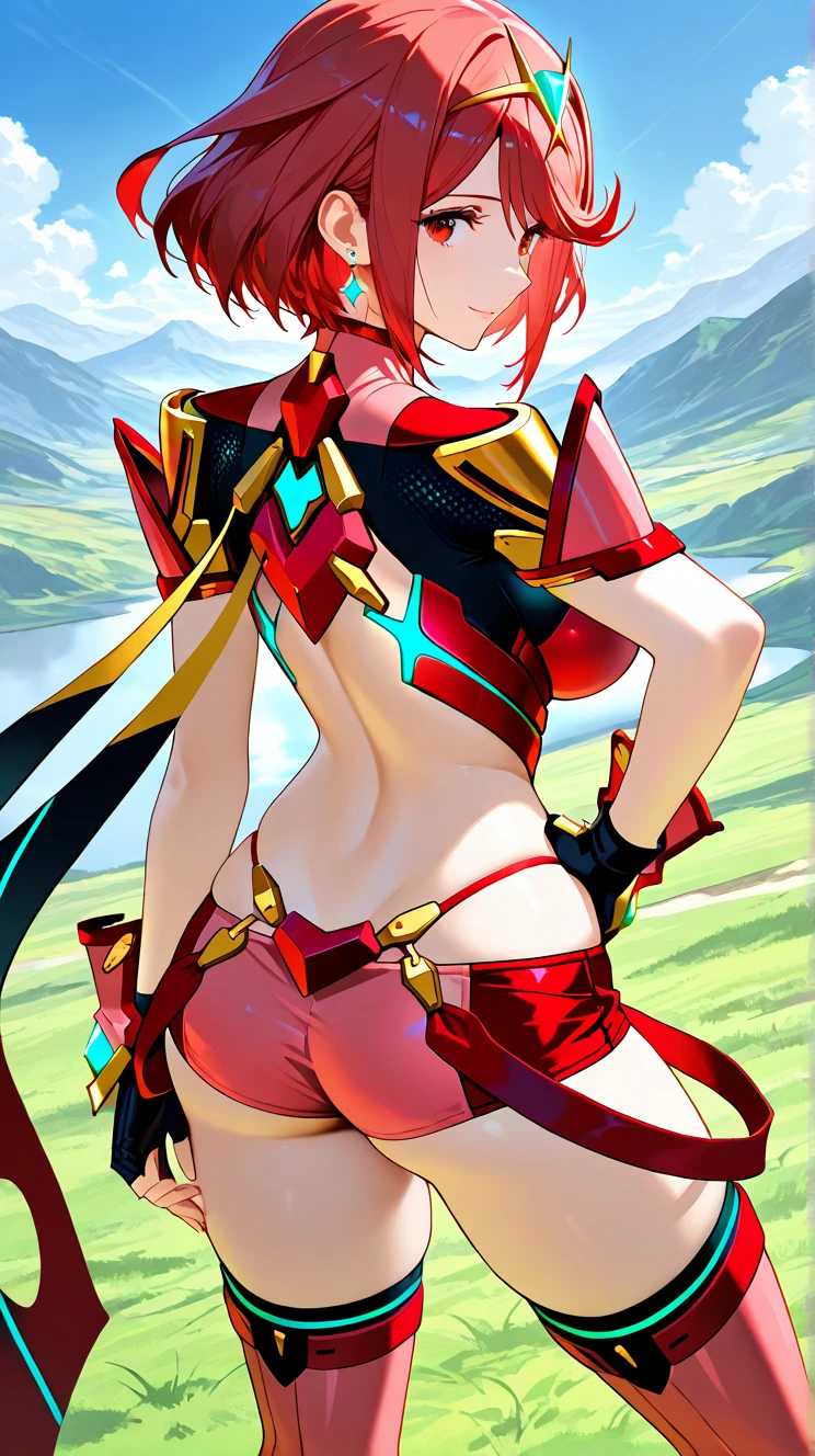 pyra \(xenoblade\), teen_1girl, loli, bangs, black gloves, breasts, red eyes, shout, earrings, eyelashes, fingerless gloves, floating hair, , gem, gloves, hair ornament, headpiece, jewelry, gigantic_breasts, leaning back, swimsuit, neon trim, official art, pose, red hair, saitou masatsugu, short hair, sidelocks, skin tight, solo, swept bangs, thighhighs, tiara, fantasy_town_background, underbust, xenoblade chronicles \(series\), (xenoblade chronicles 2), (spread_legs:1.1), fire_effect,dynamic_pose,fighting,light_smile, (plump:1.1), big_ass,huge_sword, hold_large_sword_hilt, covered_nipples, covered_pussy, fists,ponytail,beautiful_fingers,(solo:1.1), bare_shoulder,(shoulder_naked:1.2), nipple_jewel,back, back_view, focus_ass,ass, (very_short_shorts:1.3),(lise_leg:1.4)