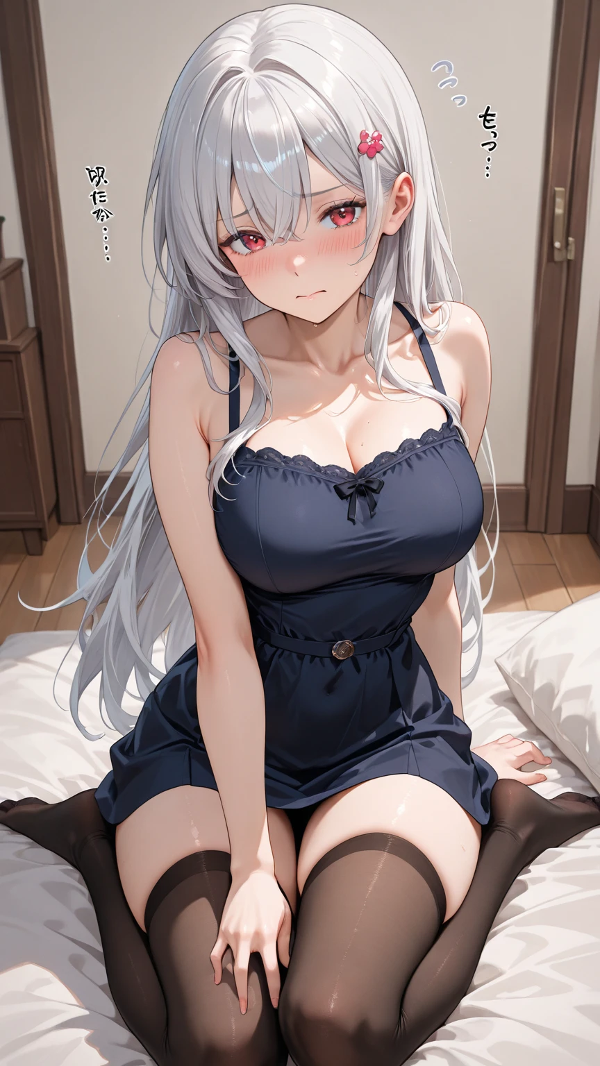 1Girl. Anime,Attractive body, nice body, nice legs, slim tights, nice arms, nice shoulders. (Cleavage, Breast:1.2). Beautiful, Gorgeous, Teenager, Fresh, Young. blue eyes. - Hairstyle: Blunt Bangs. - Hair Color: (White Grey Hair:1.5), (Straight and Wavy Long Hair:1.3) shirt, sweater. lying on bed, sleep on bed:1.3) Waiting, Want Something, Secretly. Earrings, Thin Black Headband, Green Accessories, Environmental Details:, - Setting: Bed Room., - Lighting: Natural Light., - Decoration: Modern Bed, Chair, Window, White Curtain, City View. Top view. pov, anime style, UHD, retina, masterpiece, accurate, anatomically correct, textured skin. High Resolution, Looking at viewer, Blush, Open Mouth, Best Quality, Award Winning, Accurate, Embarrassed, Seductive Smile, Moaning.