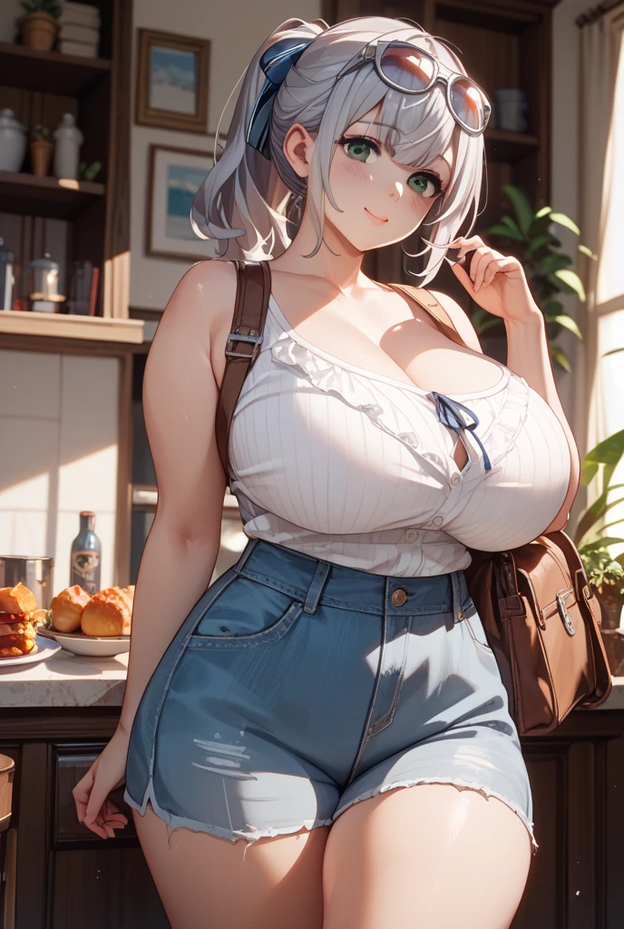 ((Bust: 84cm)); ((Waist: 56cm)); ((Hips: 88cm)) She is Milf, Milf and Milf)), big breasts ((beautiful and cute 28 year old tanned girl)), (((((natural short straight white hair)), double eyelids, green eyes clear details, hyper detailed eyes, light effect on the eyes, detailed iris, with incredible breasts, and sensual body, puffy sleeve blouse, cool jeans, beautiful makeup, cleavage, ((masterpiece, hyper realistic, hyper detailed, best quality, 16k, effect of light and shadow on the skin, vivid colors)), eyeliner, embarrassed expression, perfect lips, innocent and sexy face, distracted, ((skin with light and shadow), beautifully seductive woman, embarrassed, ( ( she is beautiful)), sensual pose, looking at the flowers, on the porch of the wooden house
