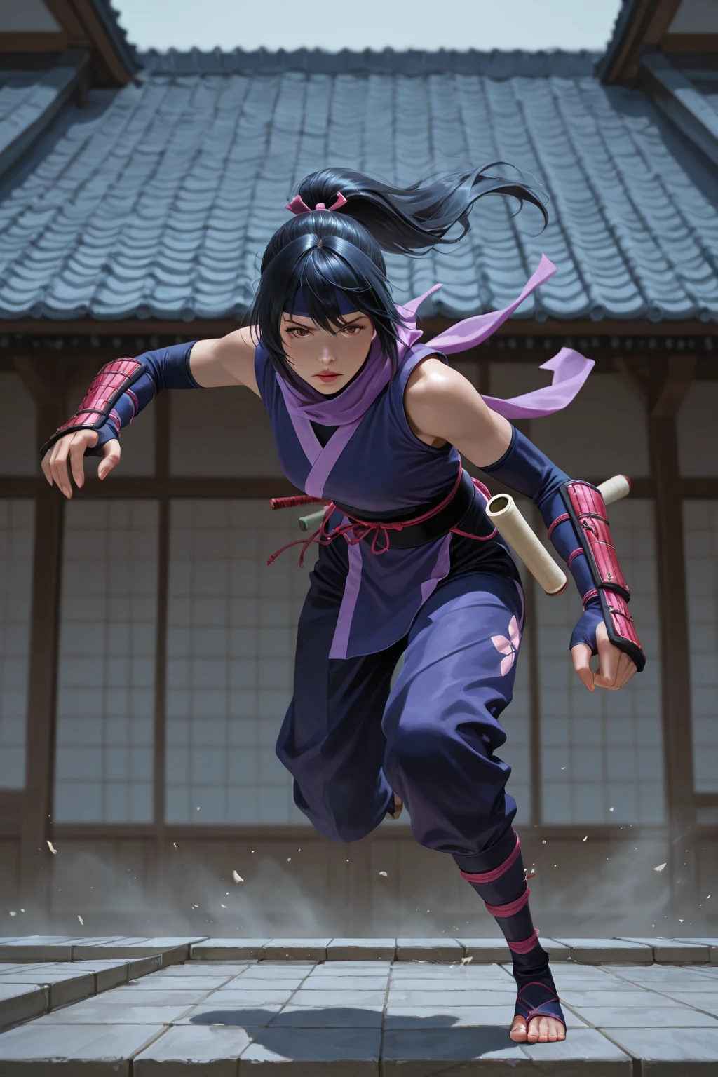 Highest quality,Ultra HD,Best AI Images, Full body photo,(beautiful face like a Japanese actress), ((Purple Hair))，Very detailed vfx portrait of, Female Ninja, Japanese kunoichi, cgsociety and Zhong Feng Hua, Covert behavior, Female Ninja, ((Scene of fighting with shurikens)),Scene of throwing shurikens 1.3,Portrait of a Japan woman, , Trending on deviantart, ((blue short ninja costume 1.5))，((sexy kunoichi,Big Breasts)), Japanese spy, 3D Rendering, (Beautiful Face 1.5), Key Visual, Vibrant, (((background 1 of a night mansion in the Sengoku period.5))), Very detailed, growing up,