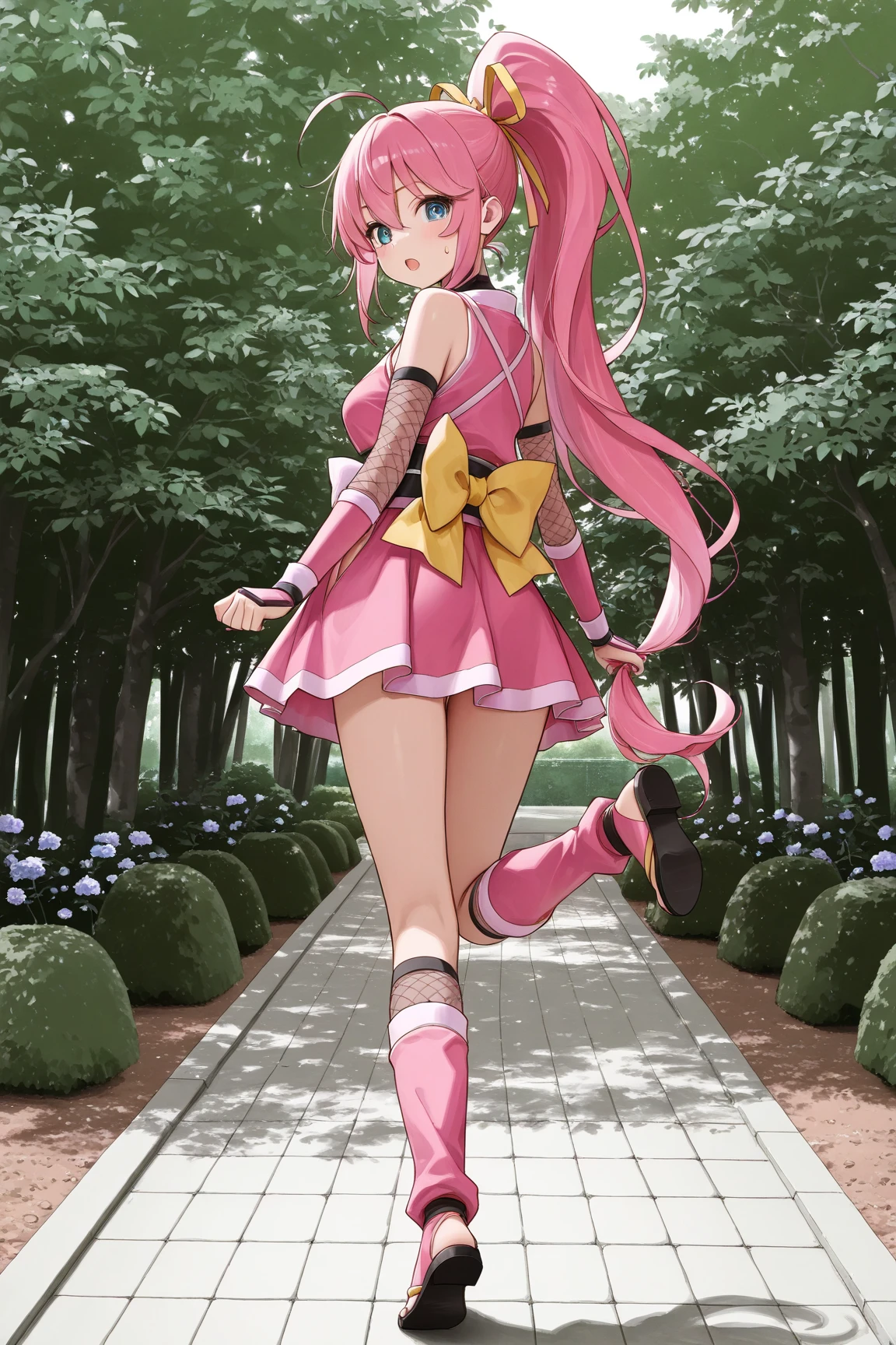 masterpiece, best quality, solo, 1girl,
Cure Blossom \(HeartCatch Pretty Cure\), HeartCatch Pretty Cure,
cowboy shot, Pretty smile, 
pink shorts, pink wrist cuffs,  gem, frills, pink choker, pink boots, pink skirt,
long ponytail, hand on forehead, hand on hip, standing, legs apart,foot on penis, panty, 
(garden in the background), small hands,
1boy, penis, (cum:1.4), (footjob), Angle from below, 