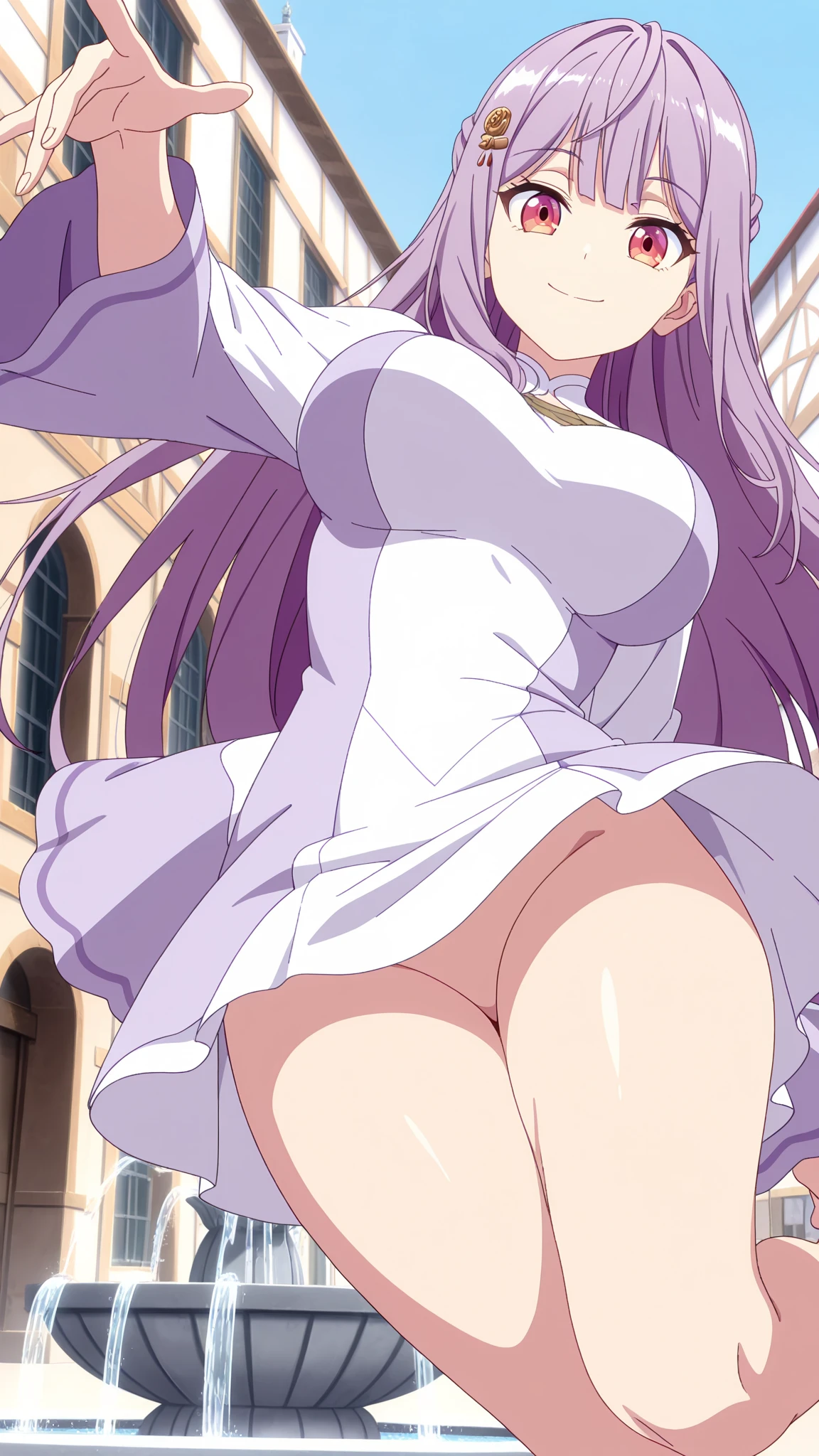nsfw,fern, long hair, bangs, (purple eyes:1.1), purple hair, sidelocks, blunt bangs, (bright pupils:1.2), half updo,shirt, dress, jacket, white shirt, open clothes, hood, white dress, hood down, cameltoe,(white pantie:1.2), skirt lift, smile, large breasts,nsfw, A grand hall with tall marble columns, an emerald-green tiled floor reflecting grand chandeliers hanging from a vaulted ceiling., arms behind back, kneeling,pussy,bare breasts,skirt lift