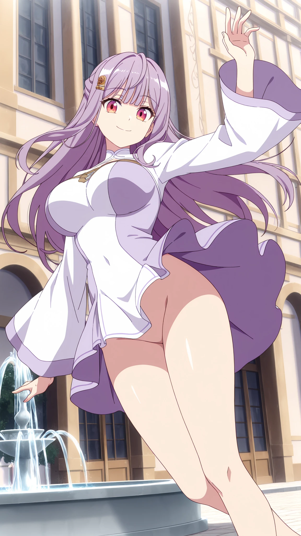 (masterpiece:1.2, best quality:1.2, beautiful, high quality, highres:1.1, aesthetic), detailed, extremely detailed, ambient soft lighting, 4K, perfect eyes, perfect face, perfect lighting, 1girl, solo, huge breasts, huge ass, huge thighs, narrow waist, wide hips, thick thighs, curvy, standing, focus on her ass, back to the viewer, walking up stairs, Emilia, Emilia from re zero, long hair, silver hair, blunt bangs, braid, hair ornament, hair flower, hair ribbon, purple ribbon blue pupils, purple eyes, ringed eyes, elf, mini skirt, skirt flip, showing pantys, blushing,sweating, (breathing hard), (panting), anime, smile, outdoors, (masterpiece:1.2), highres, best quality, 8k, very clear,