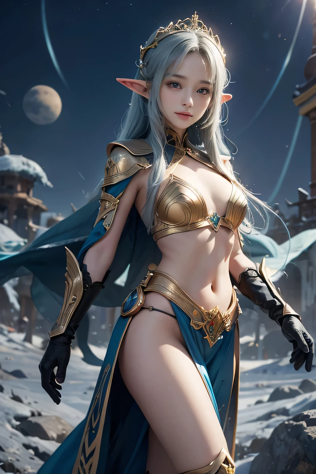 Beautiful elf princess in sparkling blue dresses with a crystal shield in her hand