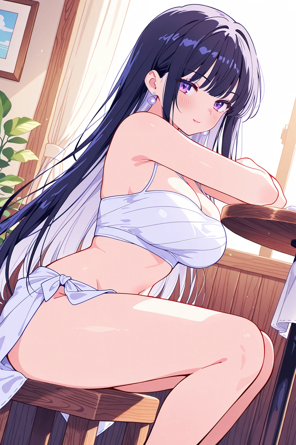 Amazing Chitanda, There is only one beautiful girl，Purple Eyes, Black Hair, Very red face，Very white skin，Glowing skin，Skin as delicate as porcelain，Naturally straight hair, Straight bangs，Extremely refined，Open lips，Long flowing hair，Beautiful Girl, Like a dream，Slim，Slim waist，Soft, (Sensual), (Kawaii), Dream quality，Beautiful big breasts，Areola，Completely naked，Wearing a transparent wedding dress，Flower decoration，Deep V neckline，Loose neckline，Wide neckline，In a traditional Japanese garden，window，Profile，Hips，Side body，Gluteal groove，Bare back，Light transmission，no pants，pussy juice，Bare shoulders，Bare neck，Exposed collarbone，Exposing breasts，Exposing breasts侧面，Show your waist，Show your buttocks，Show your thighs，Exposing the groin，No pants，extremely shy，Ultra-high resolution, (masterpiece:1.2, best quality), (Delicate and beautiful eyes: 1.2), (Beautiful and delicate face)