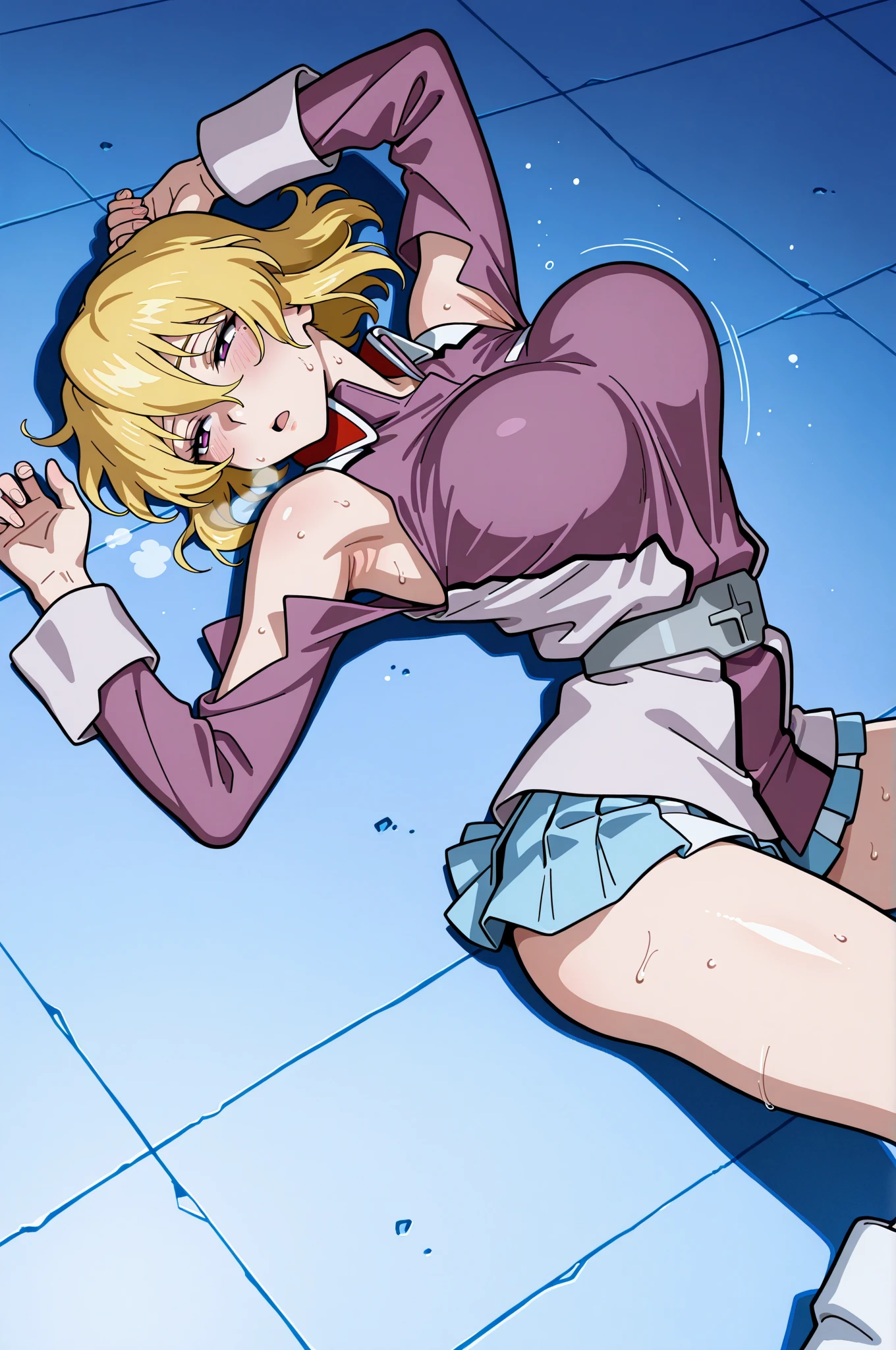 score_9, score_8_up, score_7_up, score_6_up, source_anime, masterpiece, best quality, BREAK 1girl, solo, clean golden hair, purple top, 18-year-old teenager, large bust, blue jeans, blue eyes, standing, attractive make-up, earrings, pov perspective, low angle, looking at viewer