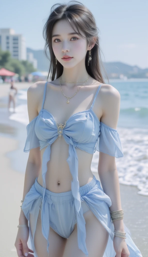 best quality:1.4), ((masterpiece)),((realistic)), (detailed),(photorealistic:1.4), the painting shows a woman standing behind the clouds,in the style of fang lijun, love and romance, uemura shoen, (light white and light blue:1.1), flowing draperies, fresco painting, naomi tydeman Dali style