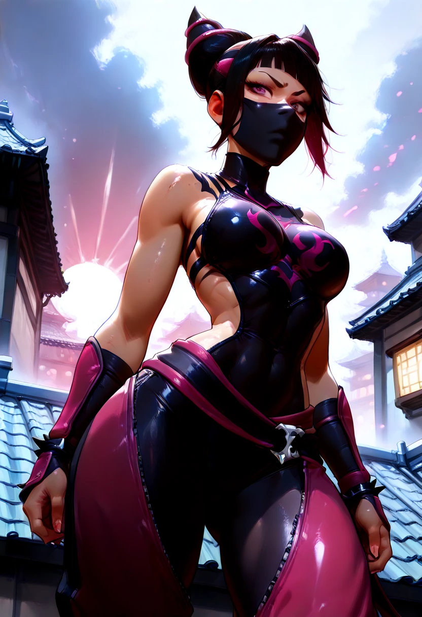  ((Seductive Ninja Woman:1.6))、(Long black hair、Purple Eyes)、((tight black and red ninja outfit、Exposed shoulders and back、Ninja Tool Pouch、Hourglass figure))、Confident expression、((The gesture of tying hair:1.3、Arch your back and look back))、Moonlit night view of Konohagakure Village、Realistic anime style, ((Glowing tattoo on the back:1.8)), ((Hiding in the steam:1.6))