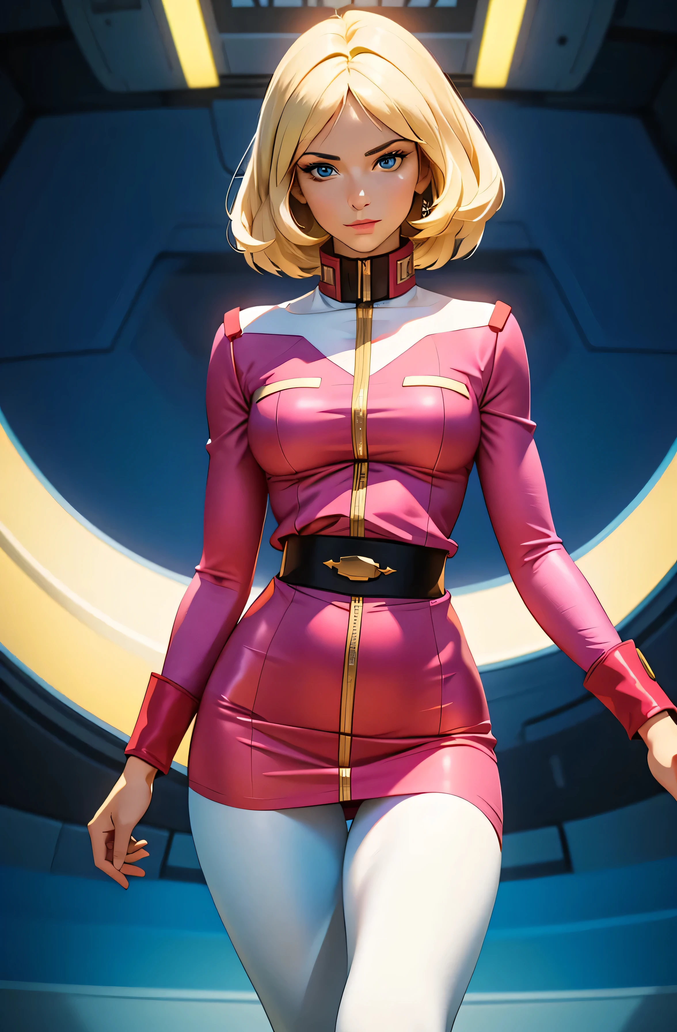 ((best quality)), ((masterpiece)), ((ultra realistic)), american blonde, beautiful detailed face, detailed eyes, sexy us military officer, dressed in a green and white leotard, city backdrop, neon edge lighting, highly detailed, professional, bare legs, full body, medium hair, bob hair, knee boots, long sleeves, standing, solo, solo focus, (powering up)