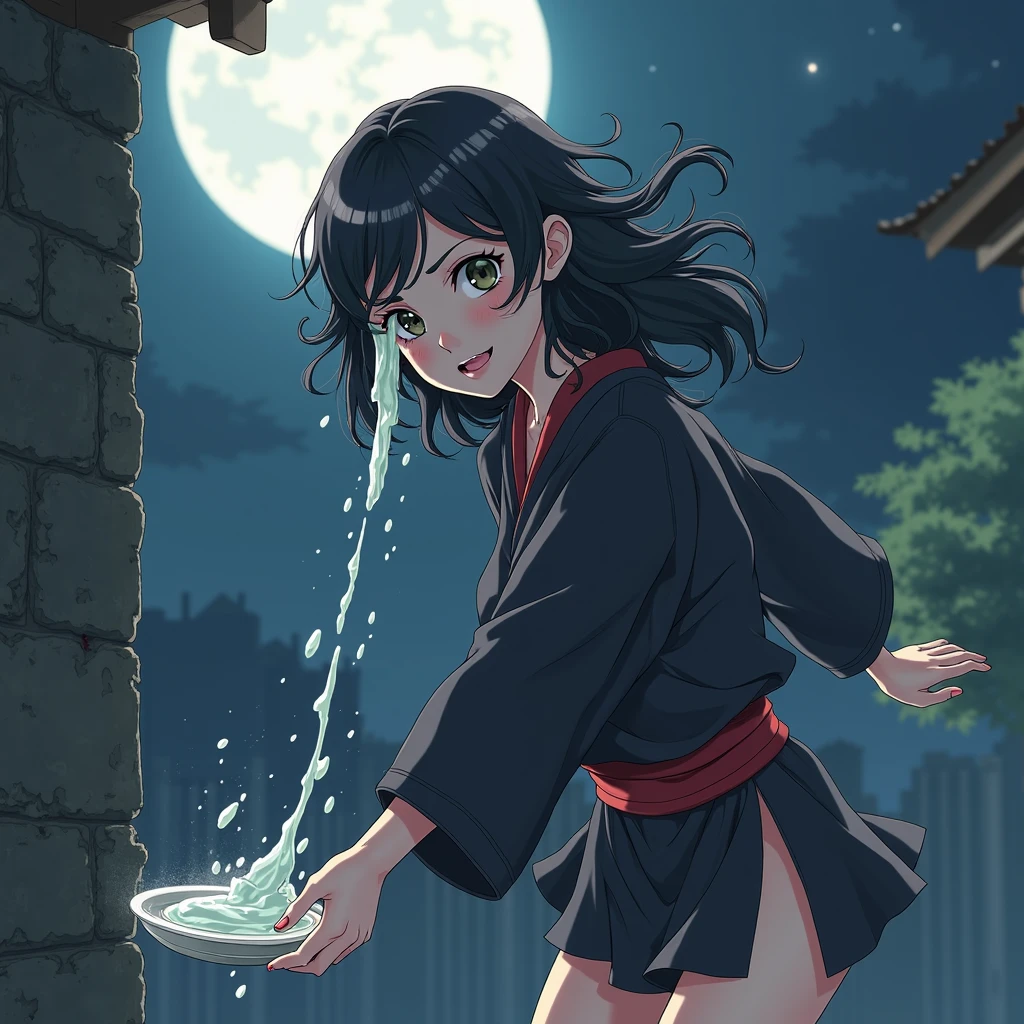 anime screen, night sky, moon, forest, path, 1girl, solo, short hair, black hair, purple eyes, japanese clothes, looking at the viewer, black kimono, hair between eyes, cowboy shot, wide sleeves, hakama pants, white_sash, back, closed mouth, grin, look around, wide hips, big ass, cum bathed