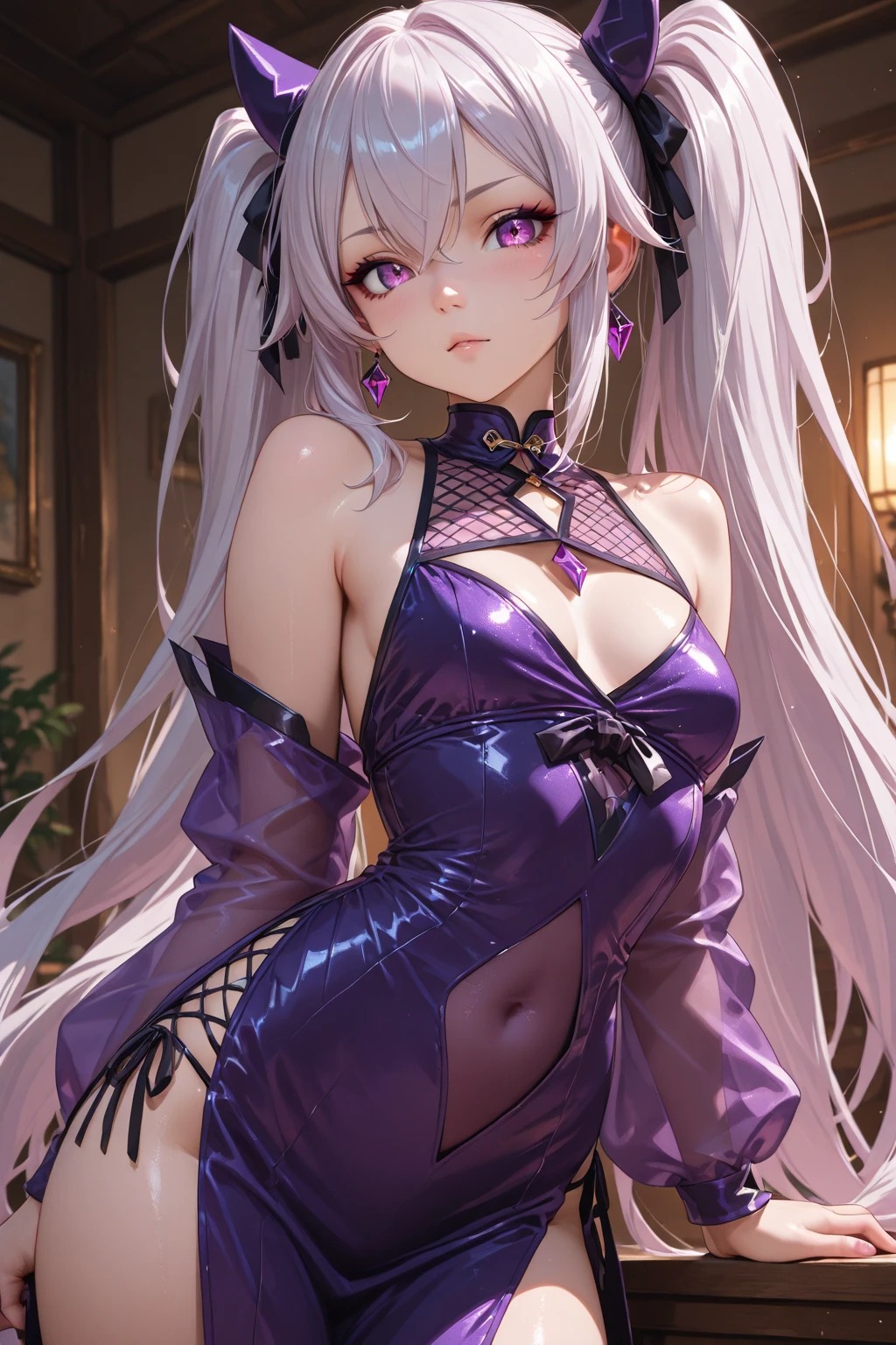 white hair girl, purple eyes, medium complexion wearing pink lingerie