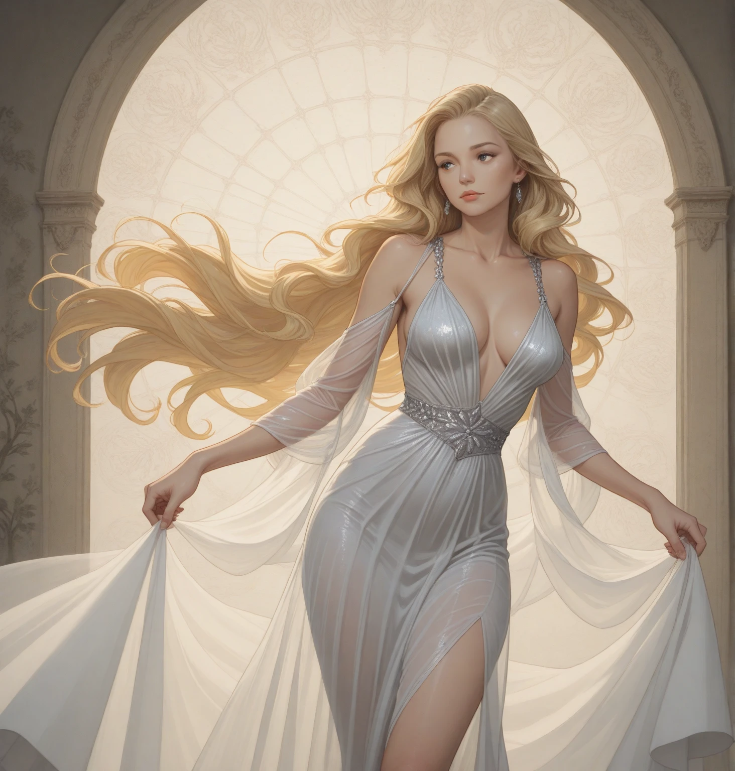 a beautiful girl with long flowing blonde hair, fox ears, a fox tail, wearing a classic white dress, in a seductive pose, detailed facial features, beautiful detailed eyes, extremely detailed face and skin, porcelain skin, flawless skin, soft lighting, warm color palette, cinematic lighting, dramatic lighting, photorealistic, 8K, high resolution, best quality, masterpiece, concept art,