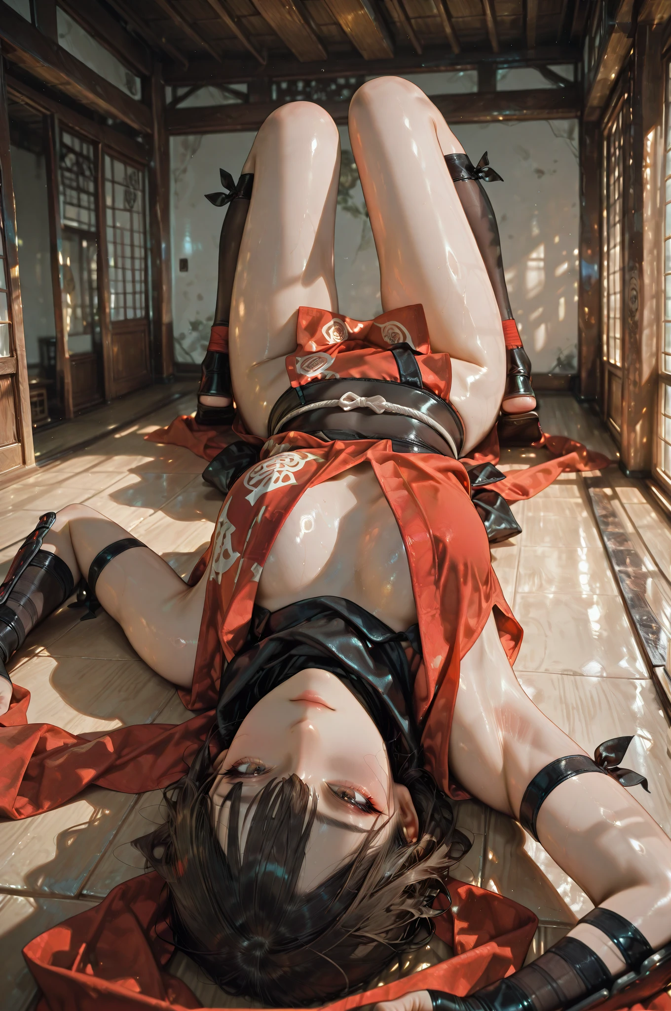 There is a woman wearing a red bra and black stockings on the bed, 8K)), 2263539546], katanas strapped to her back, Chai-ri, 1 8 yes, Rope bondage, Kneeling, ((restrained)), compliant, on her knees, tied with chair, she's lying on her back