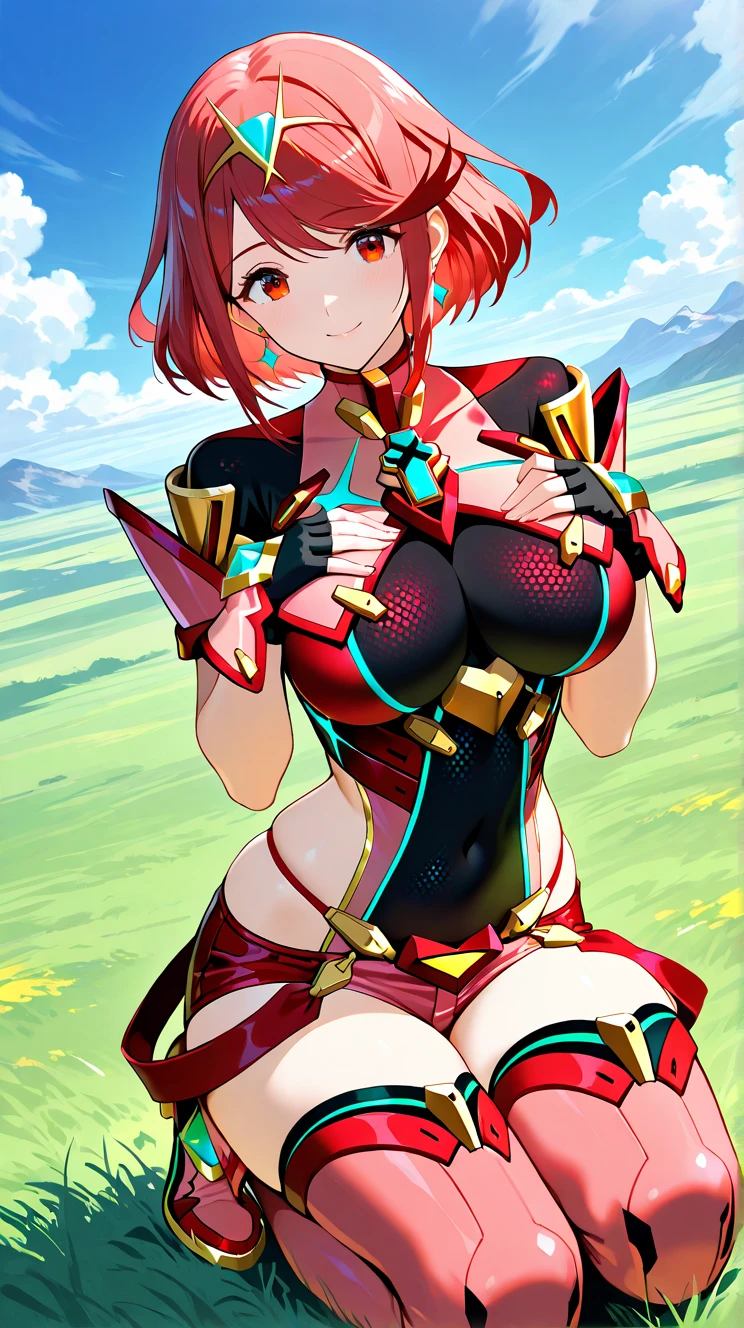 pyra \(xenoblade\), teen_1girl, loli, bangs, black gloves, breasts, red eyes, shout, earrings, eyelashes, fingerless gloves, floating hair, , gem, gloves, hair ornament, headpiece, jewelry, big_breasts, leaning back, swimsuit, neon trim, official art, pose, red hair, saitou masatsugu, short hair, sidelocks, skin tight, solo, swept bangs, thighhighs, tiara, fantasy_town_background, underbust, xenoblade chronicles \(series\), (xenoblade chronicles 2), (spread_legs:1.1), fire_effect,dynamic_pose,fighting,light_smile, (plump:1.1), big_ass,huge_sword, hold_large_sword_hilt, covered_nipples, covered_pussy, fists,ponytail,beautiful_fingers,(solo:1.1), bare_shoulder,(shoulder_naked:1.2), nipple_jewel,