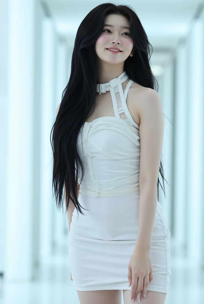 Long black hair White sexy dress Raising his arms to show his armpits smile