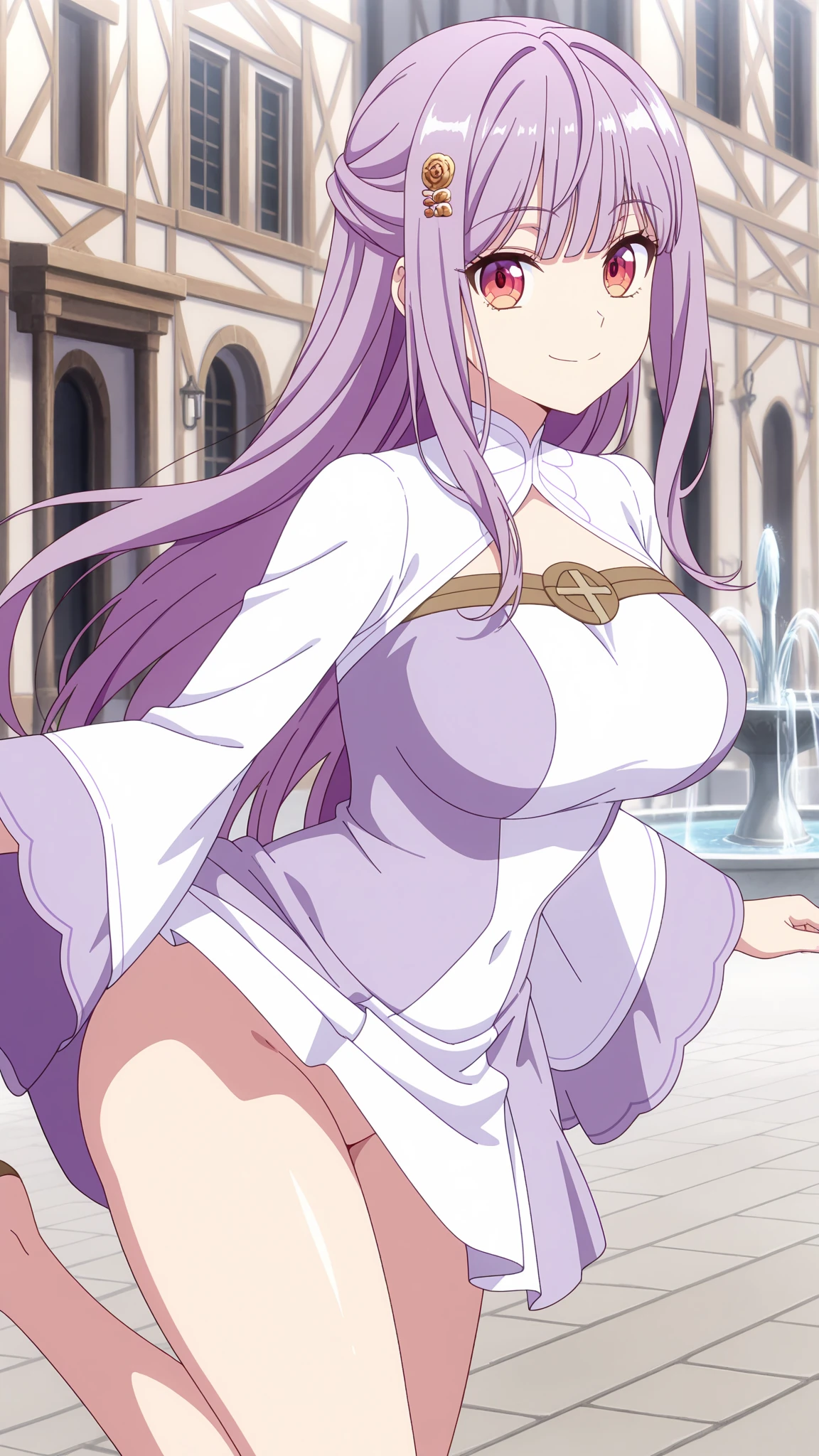 (masterpiece:1.2, best quality:1.2, beautiful, high quality, highres:1.1, aesthetic), detailed, extremely detailed, ambient soft lighting, 4K, perfect eyes, perfect face, perfect lighting, 1girl, solo, huge breasts, huge ass, huge thighs, narrow waist, wide hips, thick thighs, curvy, standing, focus on her ass, back to the viewer, walking up stairs, Emilia, Emilia from re zero, long hair, silver hair, blunt bangs, braid, hair ornament, hair flower, hair ribbon, purple ribbon blue pupils, purple eyes, ringed eyes, elf, mini skirt, skirt flip, showing pantys, blushing,sweating, (breathing hard), (panting), anime, smile, outdoors, (masterpiece:1.2), highres, best quality, 8k, very clear,