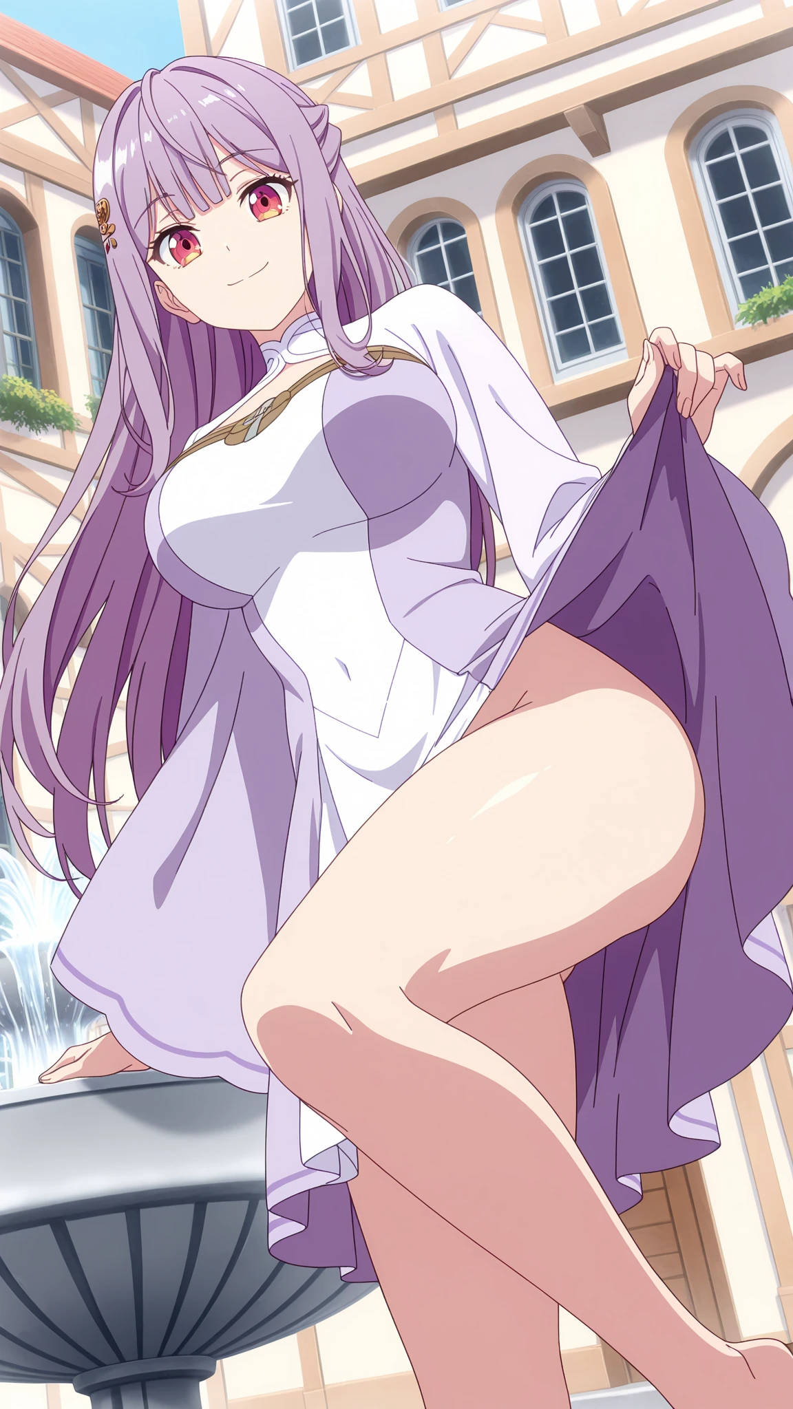 High level image quality best image quality 8K adult woman pool party rain palm trees more colors whole body view portrait bikini horn ears short hair((shortcut)(gray hair)(perm)(fluffy)) eye color is blue , , attractive evil face , smile , sexy pose , labrynth , arms crossed , barearm , wearing white silk robe , standing on person by the pool , crossed legs , all wet , wet hair , view foot arc