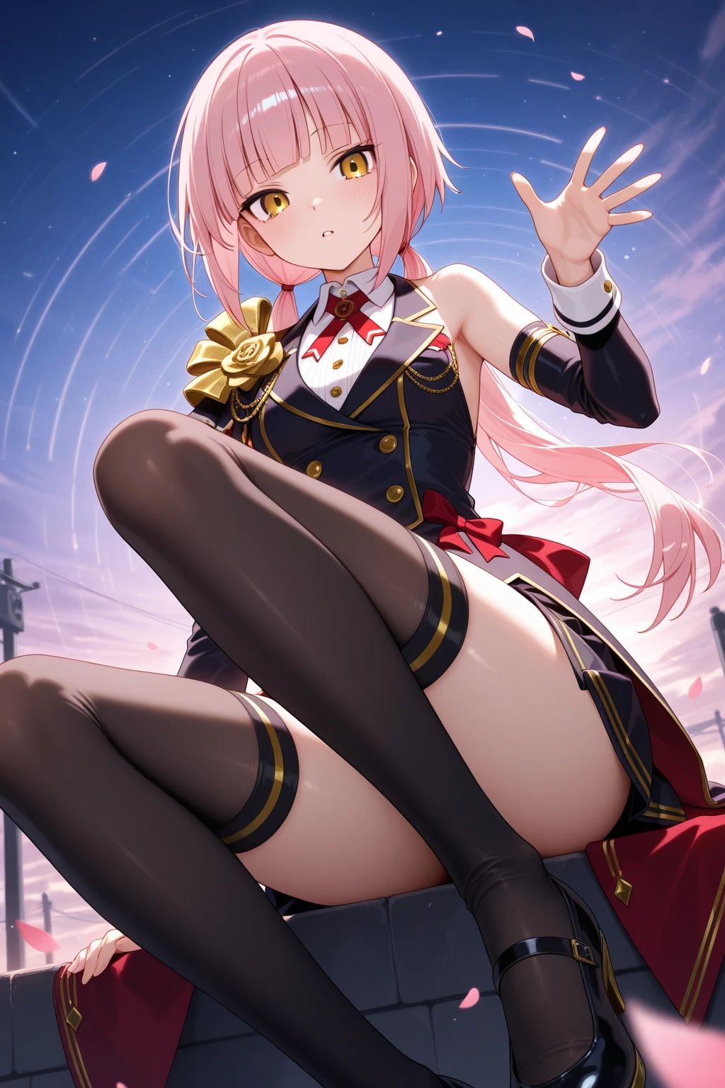 ((highest quality)), ((masterpiece)), (Super detailed), Pink Hair,uniform,Short skirt,（bad）,Spread your legs,Squat,Underwear that&#39;s stuck,Shiny underwear, from below,Knee-high socks,Black socks