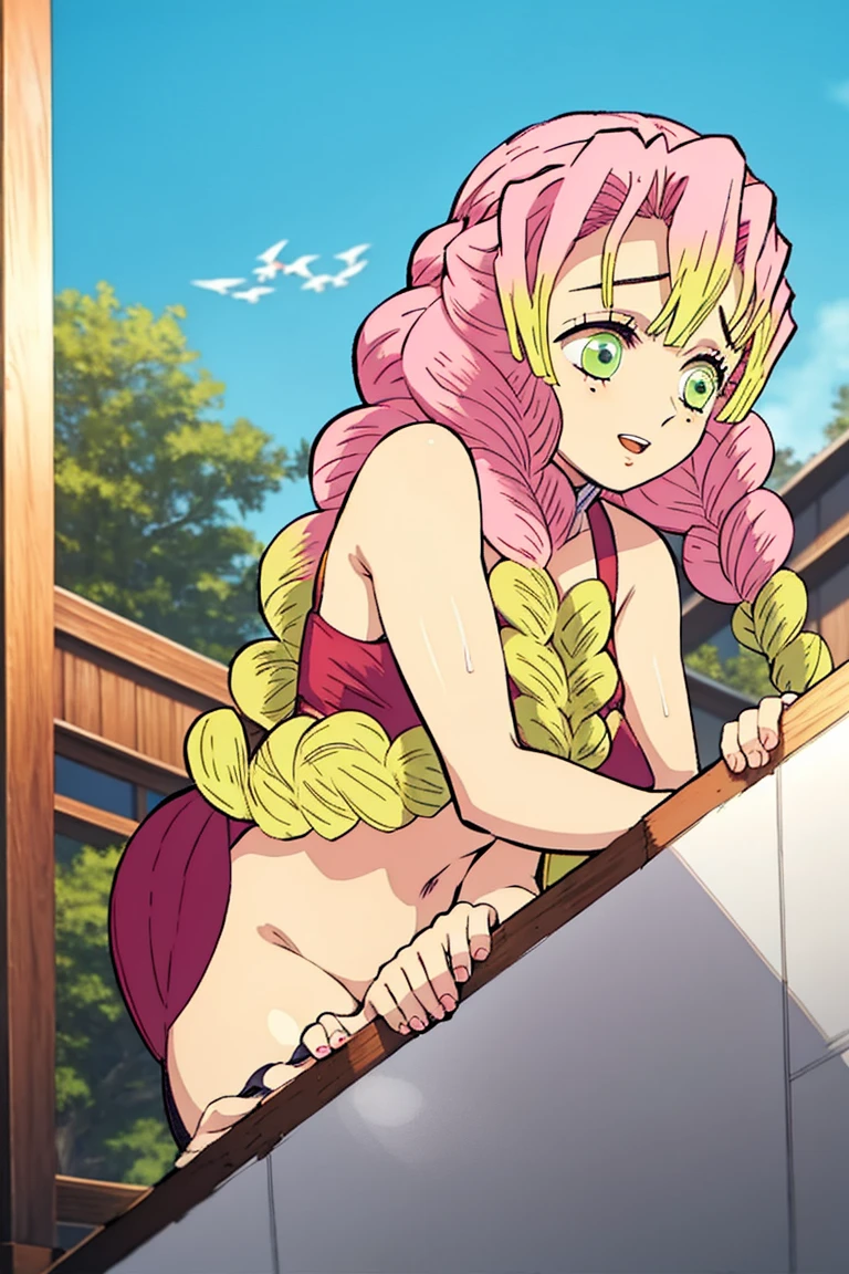 (obra maestra, mejor calidad), 1chica, MitsuriKanroji, deslumbrante, bathing, ass, sonrisa,