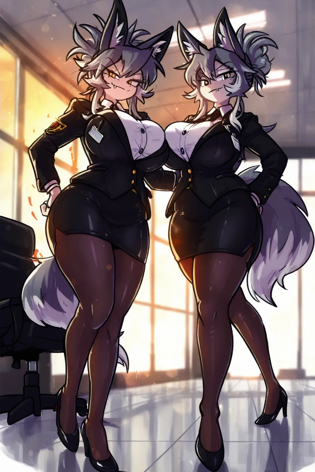 by fluff-kevlar, by Zackary911, by Kenket, by Kilinah, by fluff-kevlar, (masterpiece), (best quality), (anthro furry:1.3, snout:1.2, anthro:1.3, furry:1.2, solo female:1.2), (extremely detailed:1.3), (curvaceous figure, voluptuous figure, muscular figure), (curvy body), (curvaceous body), (big breasts), (big thighs), (big butt), (very tall), (very big), working as a bouncer, bouncer at a night club, bouncer outfit, nice suit, tie, (mean expression, stern, perfect posture, stern pose), short hair, random hair color, wolf, random eye color,
