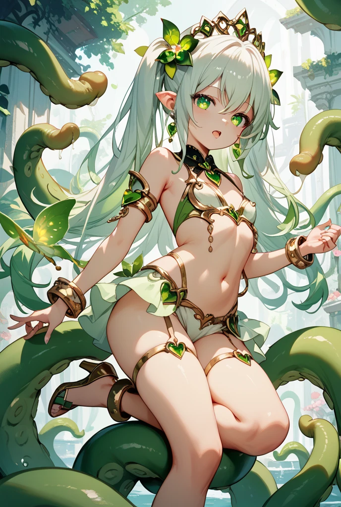 ((masterpiece:1.4, best quality))+, (ultra detailed)+, long twintails, (white thighhighs), cute girl,blue clothes, (flat chest:1.3), 1 fairy girl, off-shoulder sweater, a fairy, fairy girl, winged pixie girl, girl fairy, various different types of insect wings, small breasts (flat chest:1.3), NSFW,tentacle-like vines, Covered with tentacles, encoiled by tentacles, Tentacles around the body, many tentacles, captured by tentacles, bound by tentacles, trapped by tentacles, Fine details,Tentacled,Tied with tentacles, roaming tentacles, drooling,Crying,horrified expression, panic, fight for survival, helplessness, Detailed body,Full limbs,NSFW, being pulled into a flower, wild environment, jungle, terrifying floral environment, horrific nature, predatory flora, fairy catcher, fairy trapper, fairy catcher plant, tentacle-like vines, fairy trapper-plant, fairy catcher flower, tentacle-like vines, fairy trapper-flower inspired by carnivorous plants; a plant occupying the equivelant evolutionary niche as a spider would