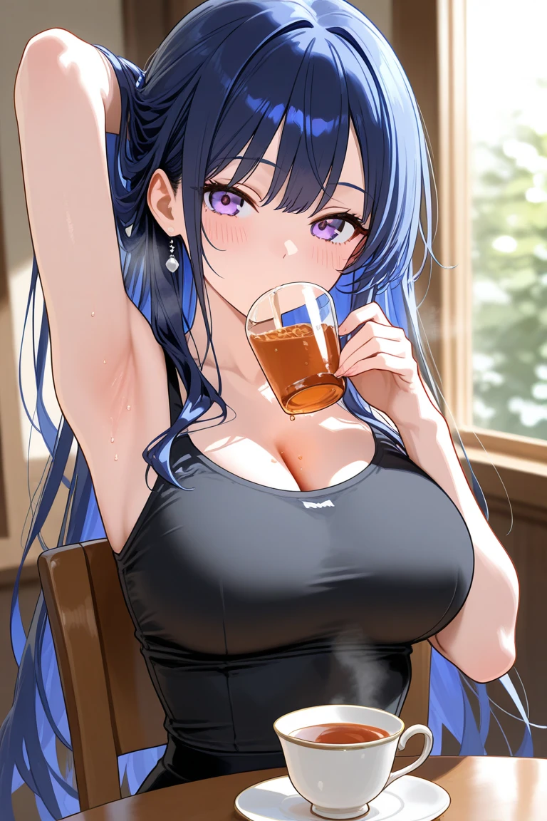 Zaphn, incredibly absurdres, best quality, 8k wallpaper, highly intricate details, looking at viewer, mature female character, 1girl, raised eyebrow, medium breasts, cleavage, black hair, wispy Bangs, (fusion between quad tails and okappa:1.4), wearing halterneck and denim shorts with no jewelry or neckwear, sitting at a table, holding a cup with a straw, drinking, sipping, indoors, finely detailed background, amazing background